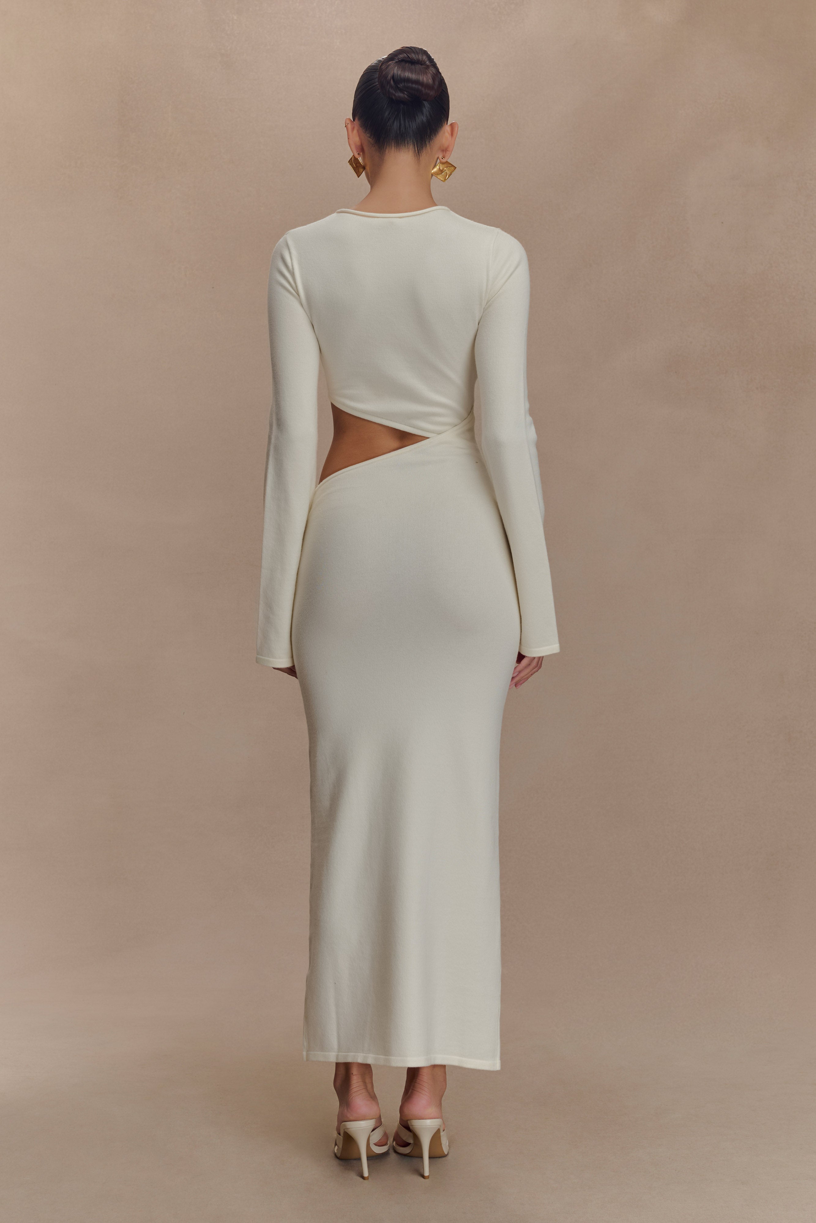 Long Sleeve Knit Midi Dress with Waist Cutout | Azariah Ivory