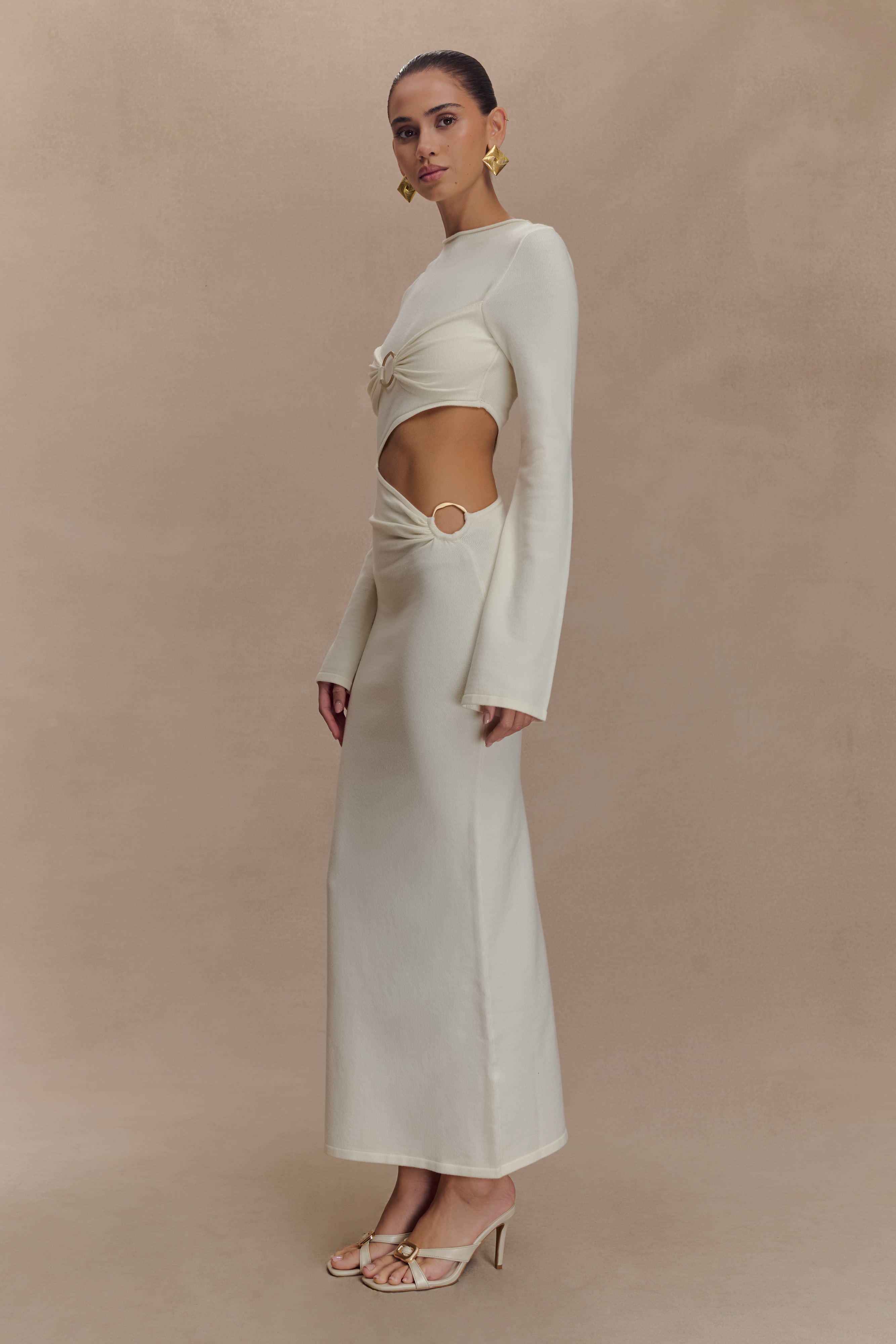 Long Sleeve Knit Midi Dress with Waist Cutout | Azariah Ivory