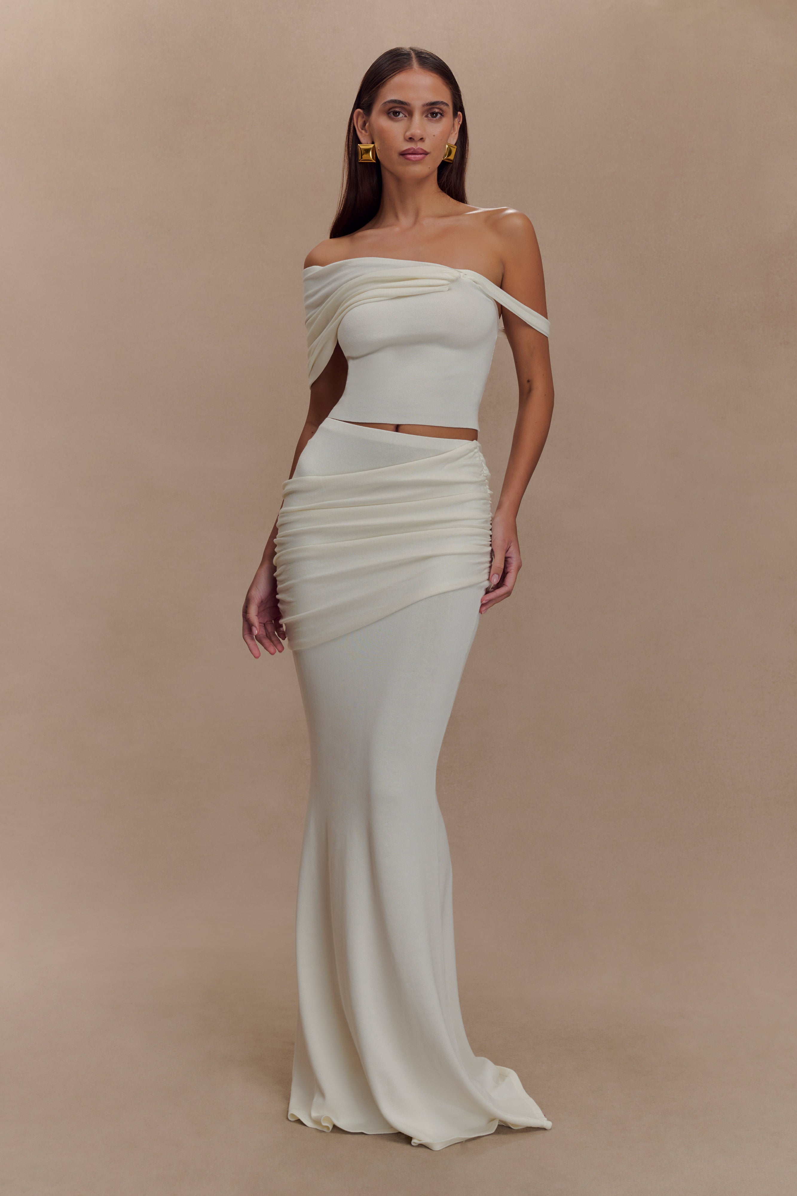 Gathered Knit Maxi Skirt with Mermaid Hem | Irene Ivory