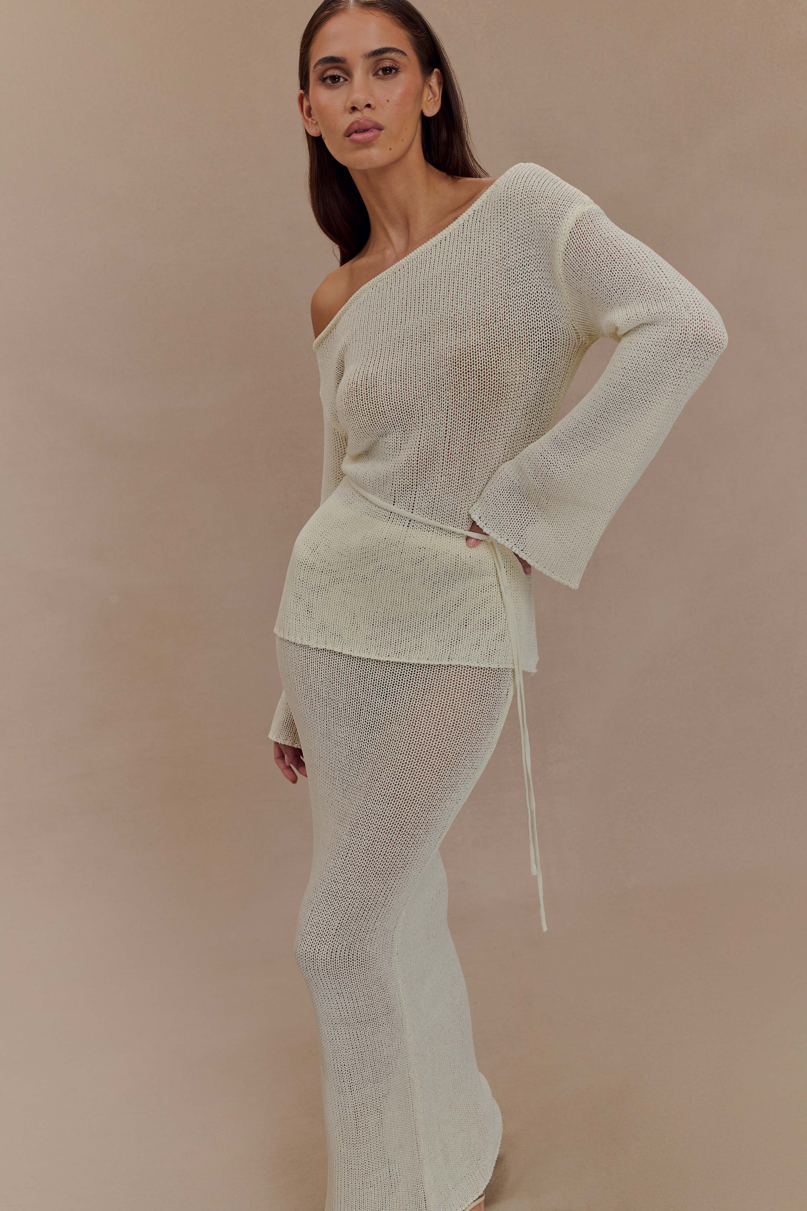 Off Shoulder Knit Top with Removable Belt - Reagan | White