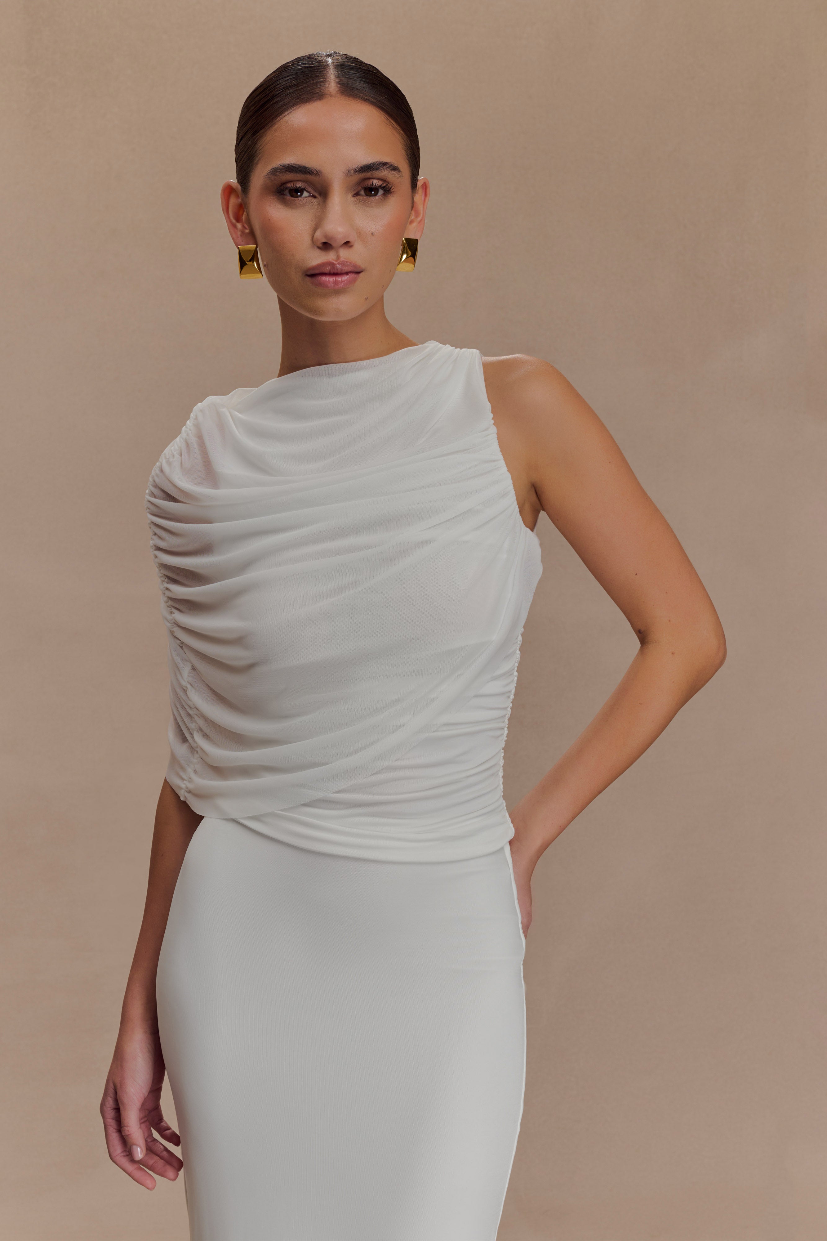 Elegant Draped Mesh Top with Keyhole Back | Pruedance