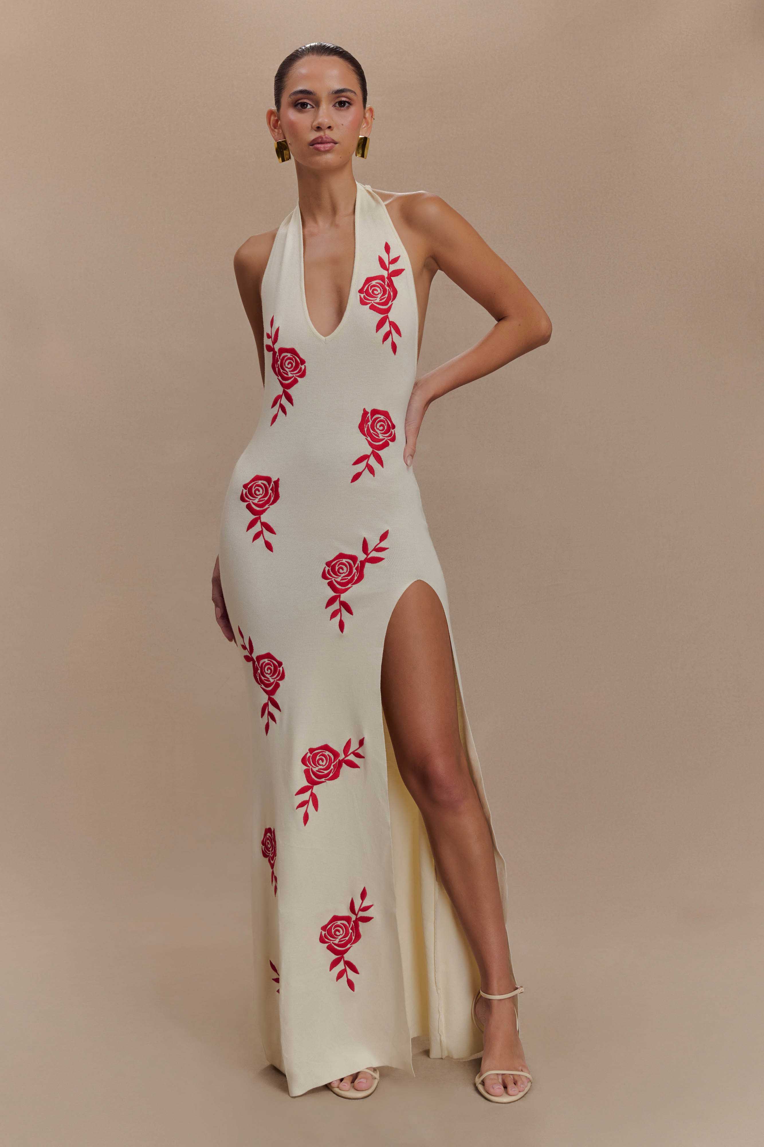 Rose Knit Halter Maxi Dress with Plunging Neckline & Leg Slit | Shiloh