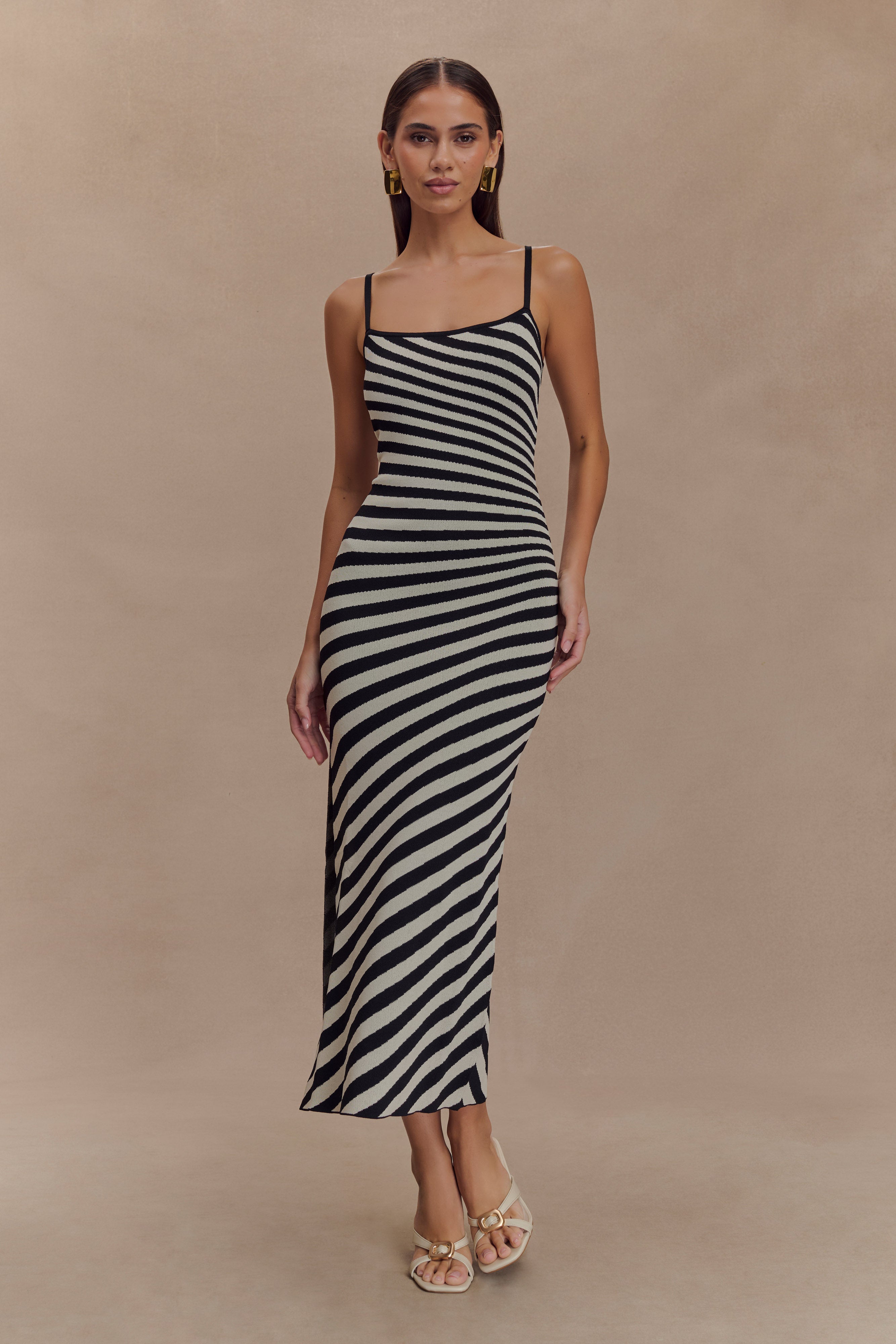 Striped Knit Midi Dress with Adjustable Straps | Raven