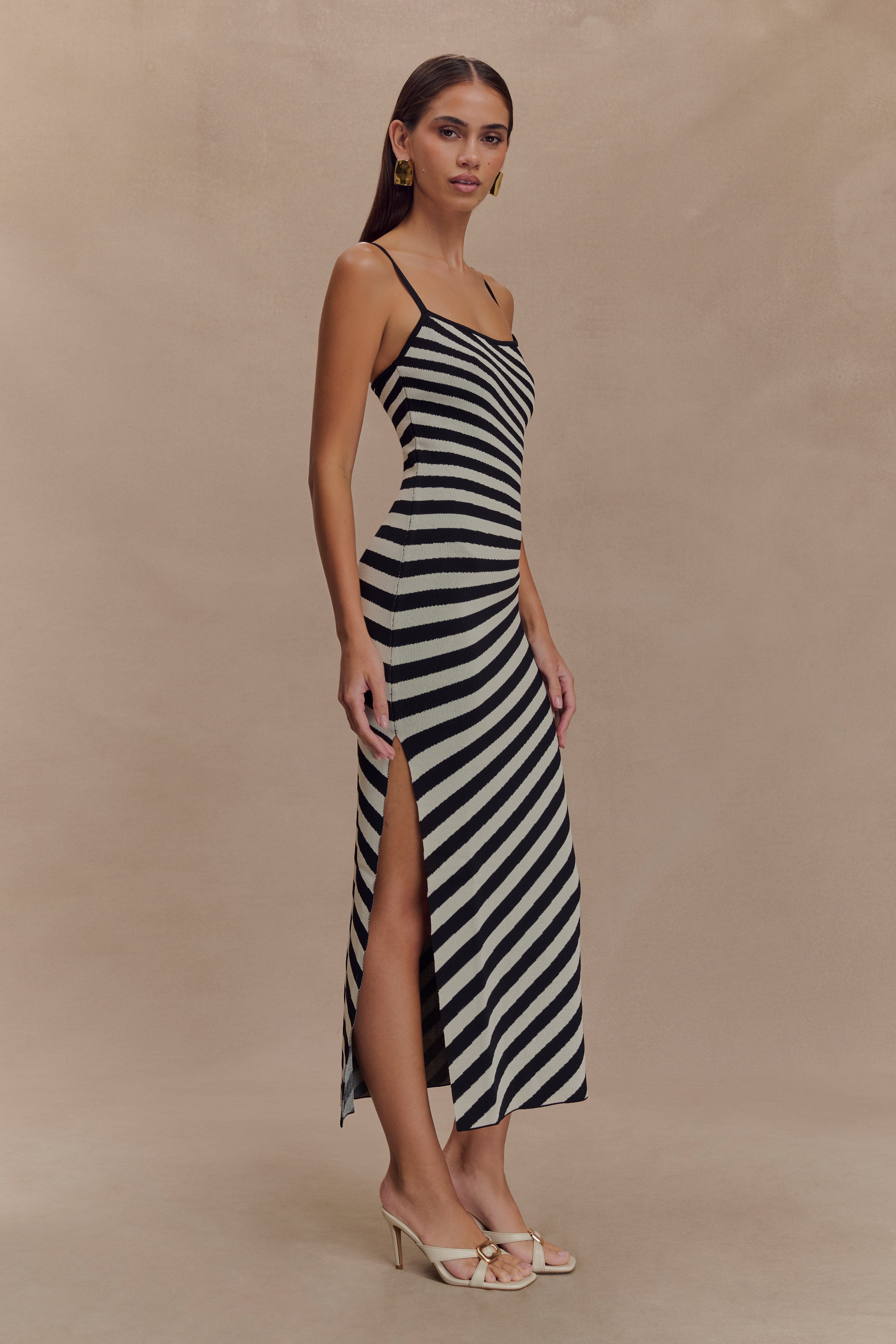 Striped Knit Midi Dress with Adjustable Straps | Raven