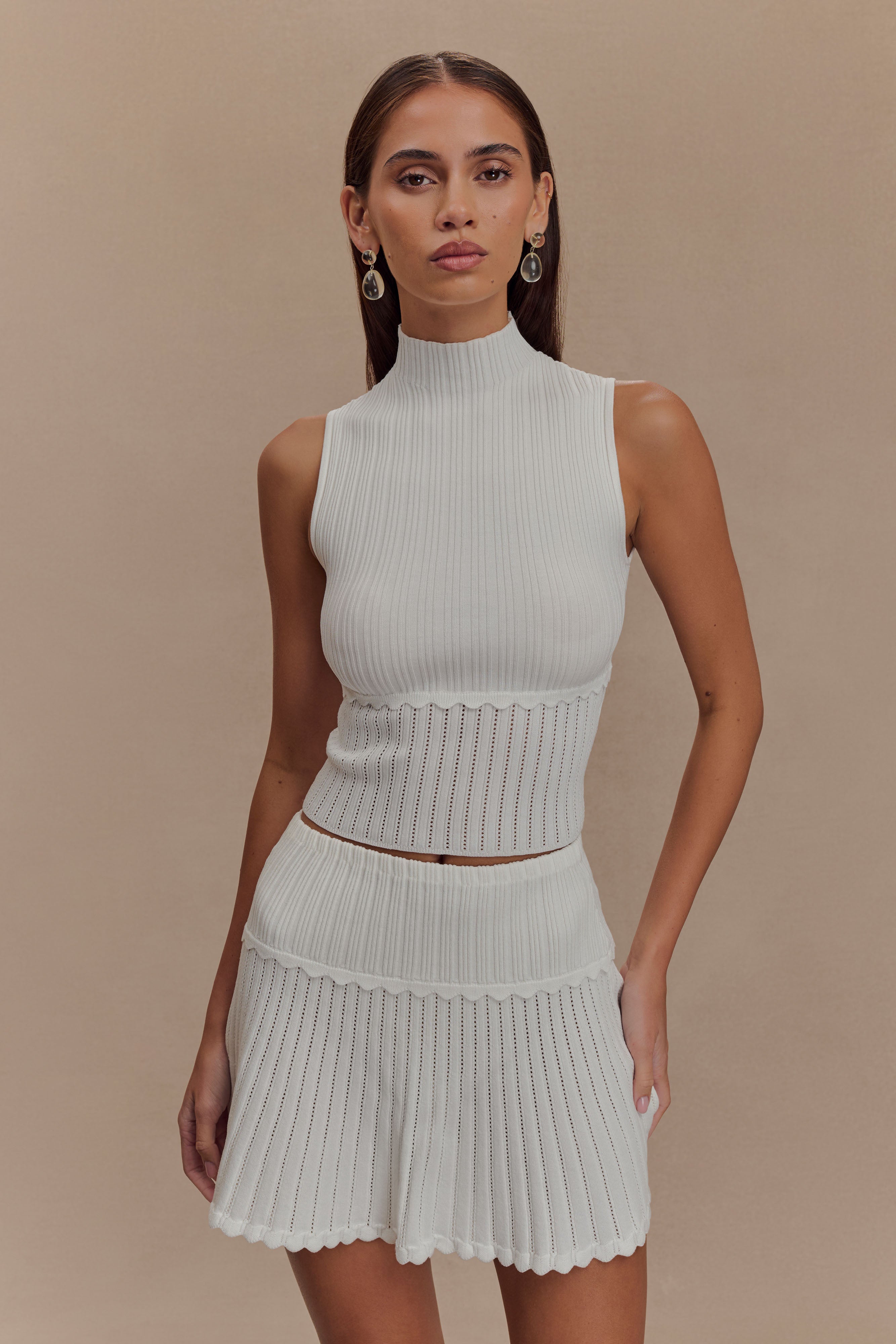 Pointelle Knit Top - Sleeveless High Neck & Rib Detailing | Indy