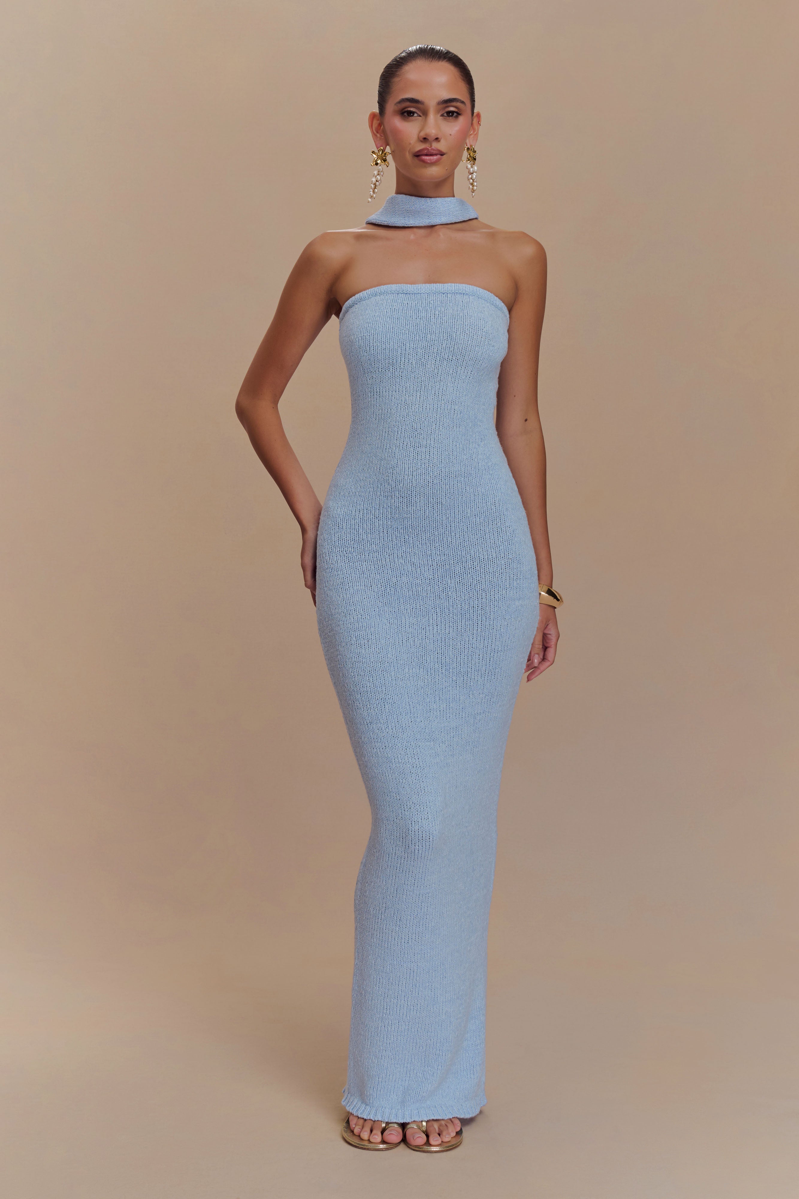 Strapless Knit Maxi Dress with Removable Scarf | Andrea - Light Blue