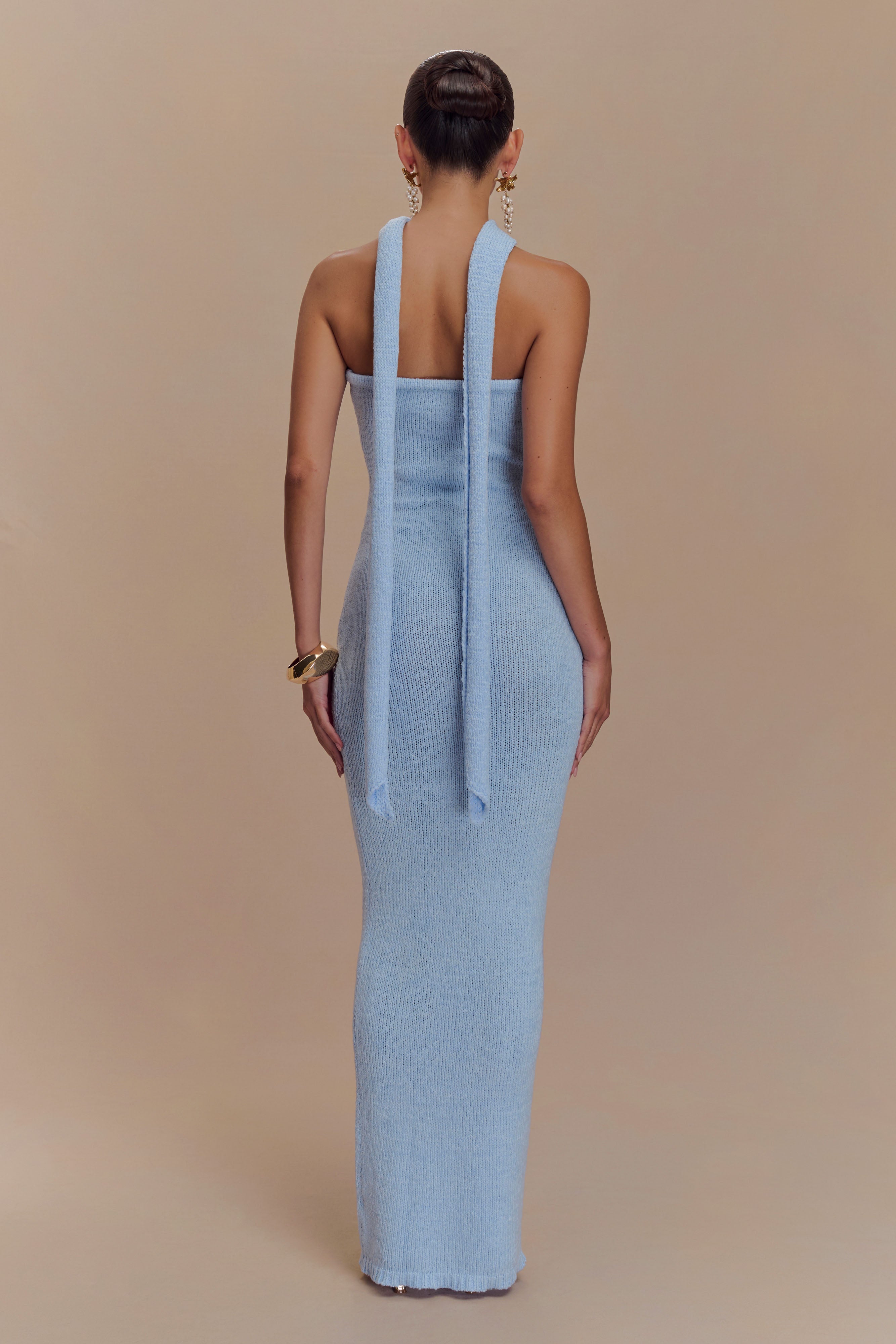 Strapless Knit Maxi Dress with Removable Scarf | Andrea - Light Blue