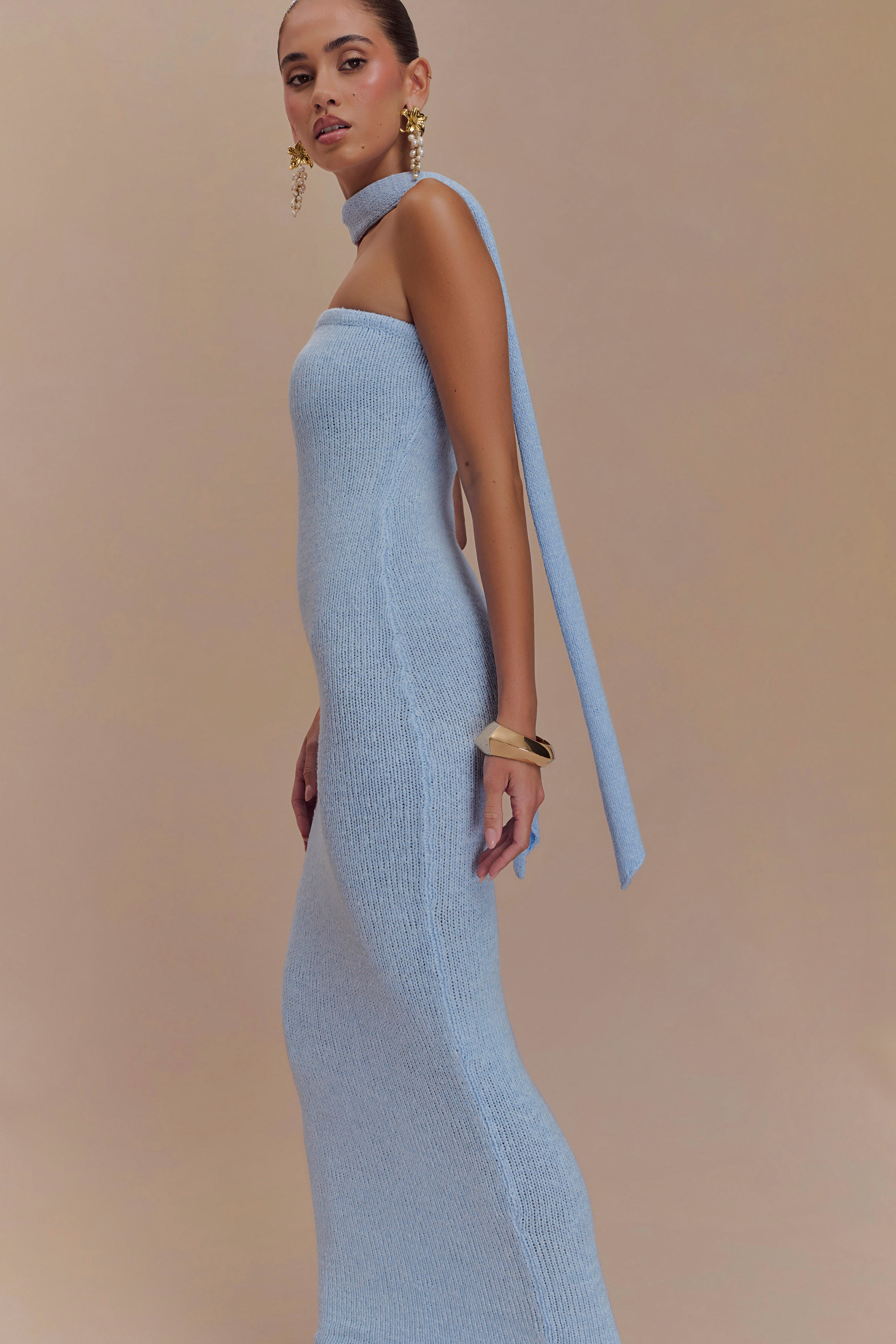 Strapless Knit Maxi Dress with Removable Scarf | Andrea - Light Blue