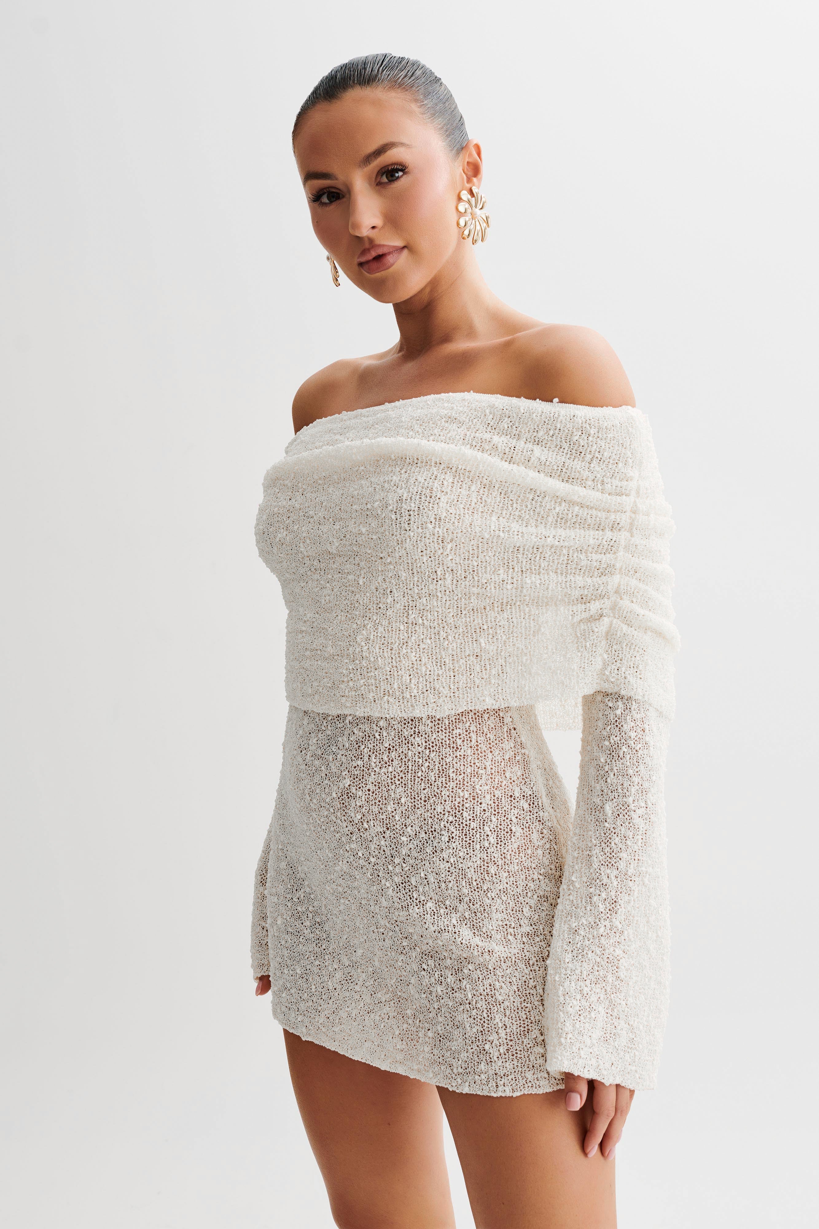 Off Shoulder Boucle Mini Dress with Long Sleeves | Marisol Ivory