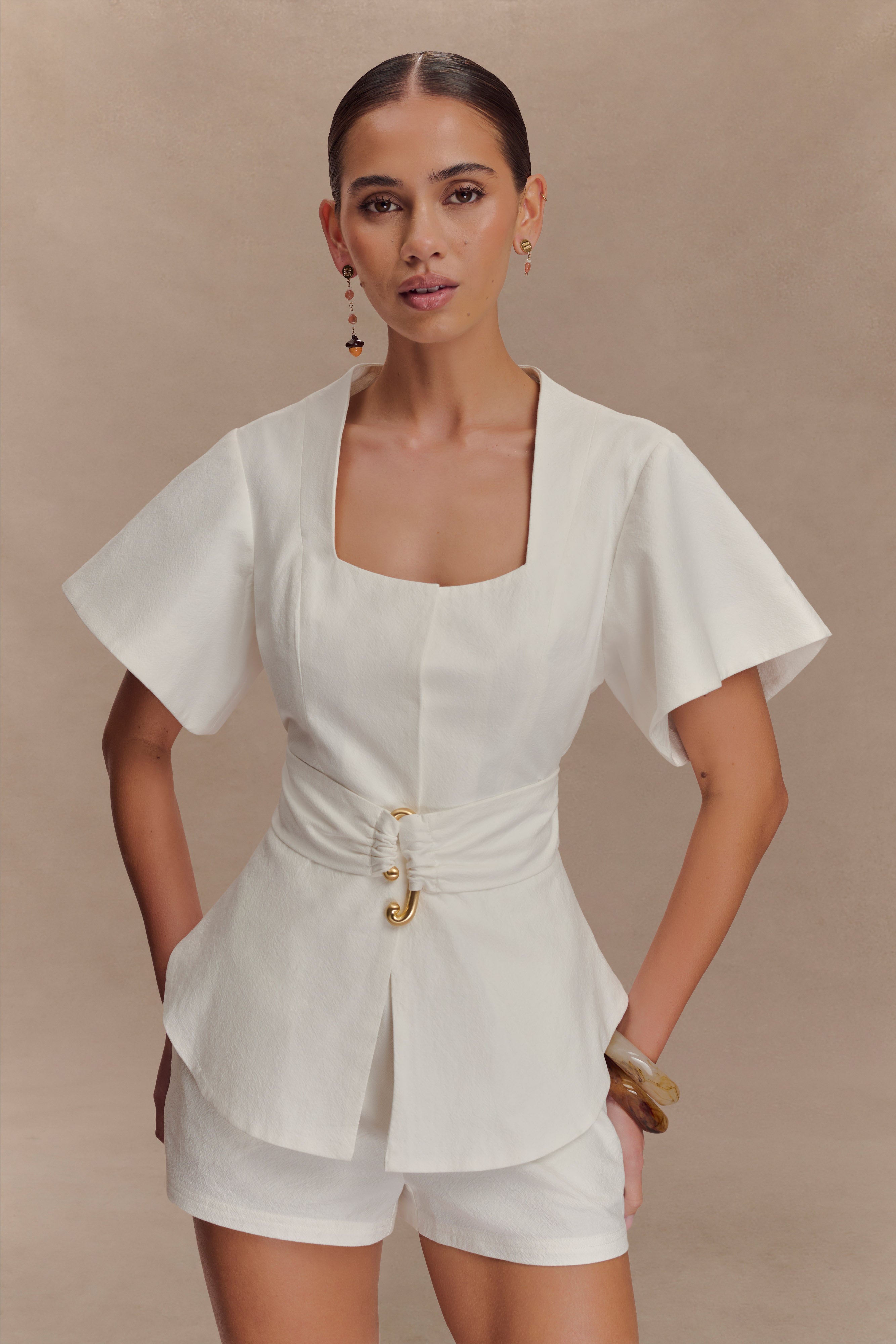 Square Neck Cotton Shortsleeve Top with Belt | Liberty White