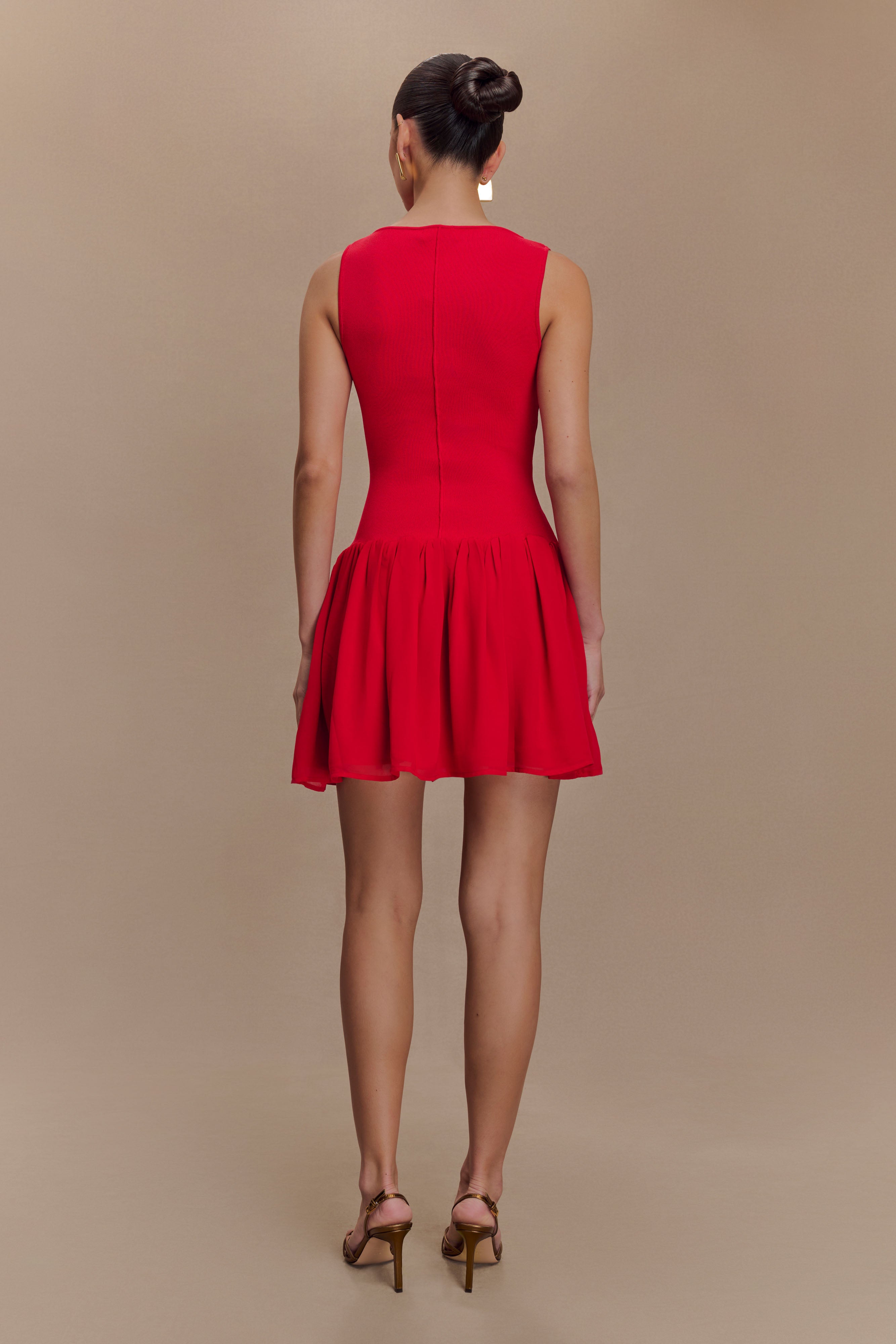 Red Knit & Chiffon Mini Dress with Fitted Bodice | Ashleigh