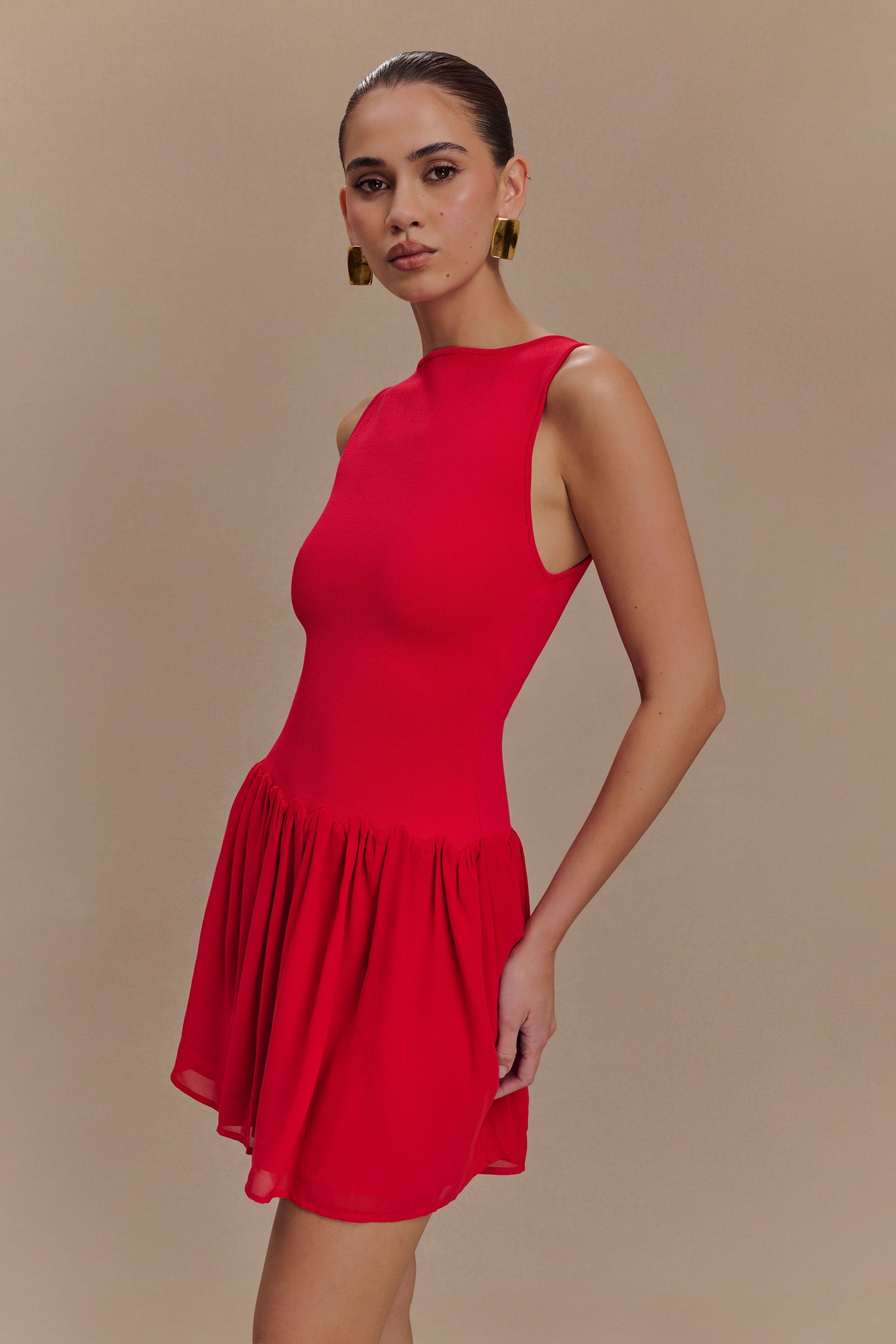 Red Knit & Chiffon Mini Dress with Fitted Bodice | Ashleigh