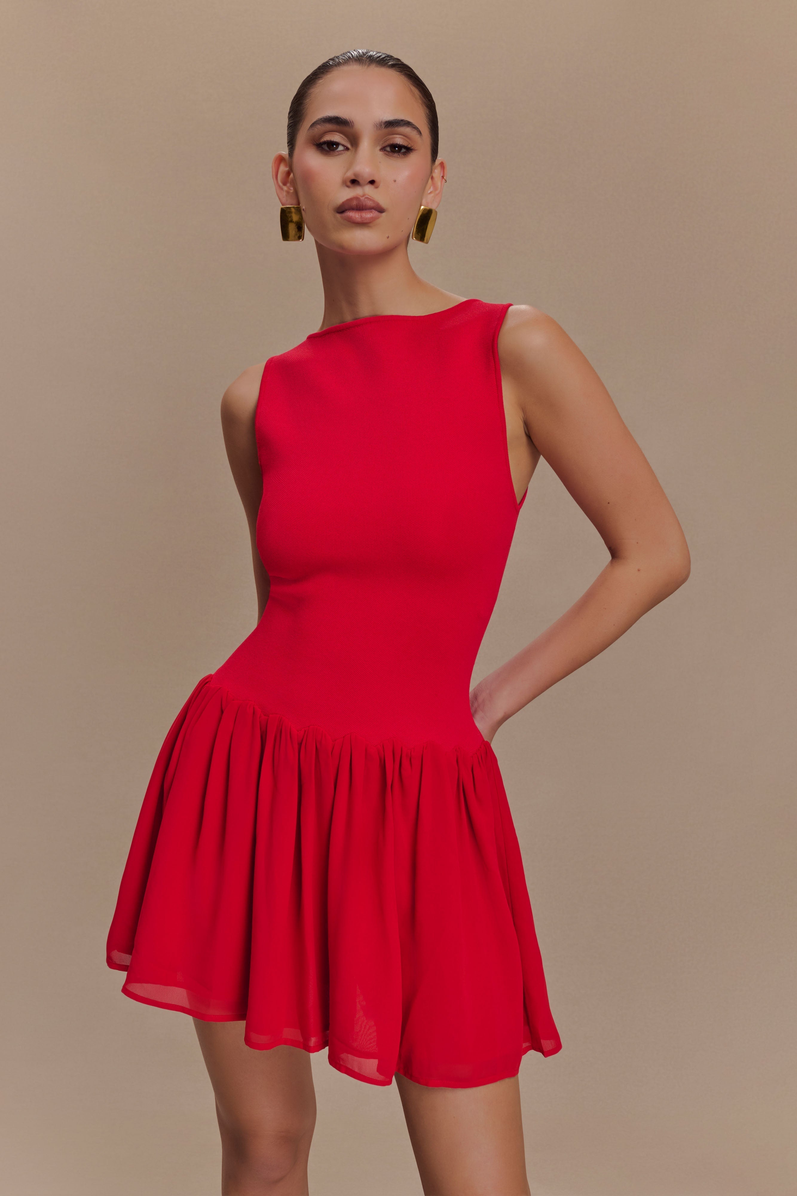 Red Knit & Chiffon Mini Dress with Fitted Bodice | Ashleigh