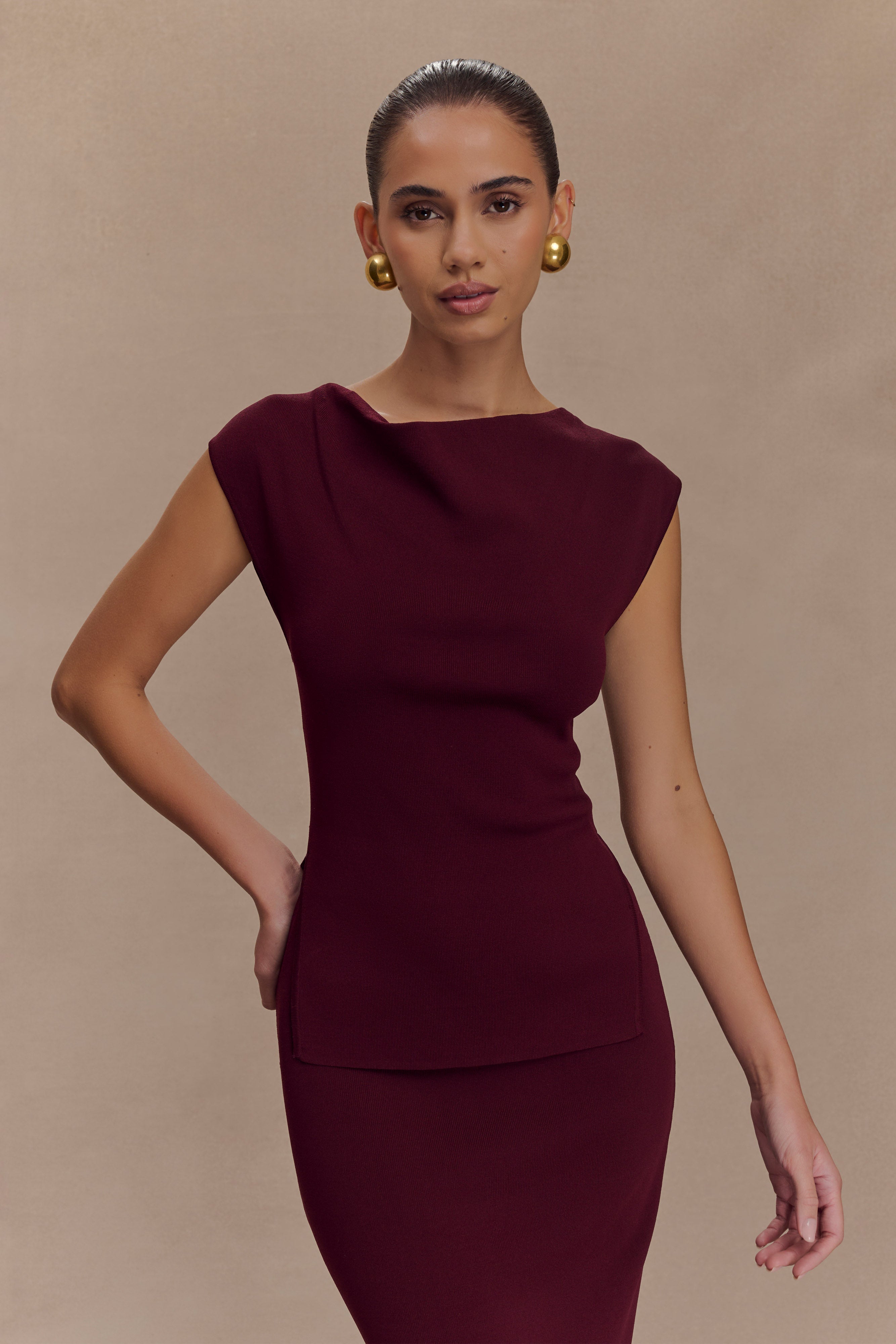 Cowl Neck Knit Top for Women - Sleeveless & Longline | Francisca