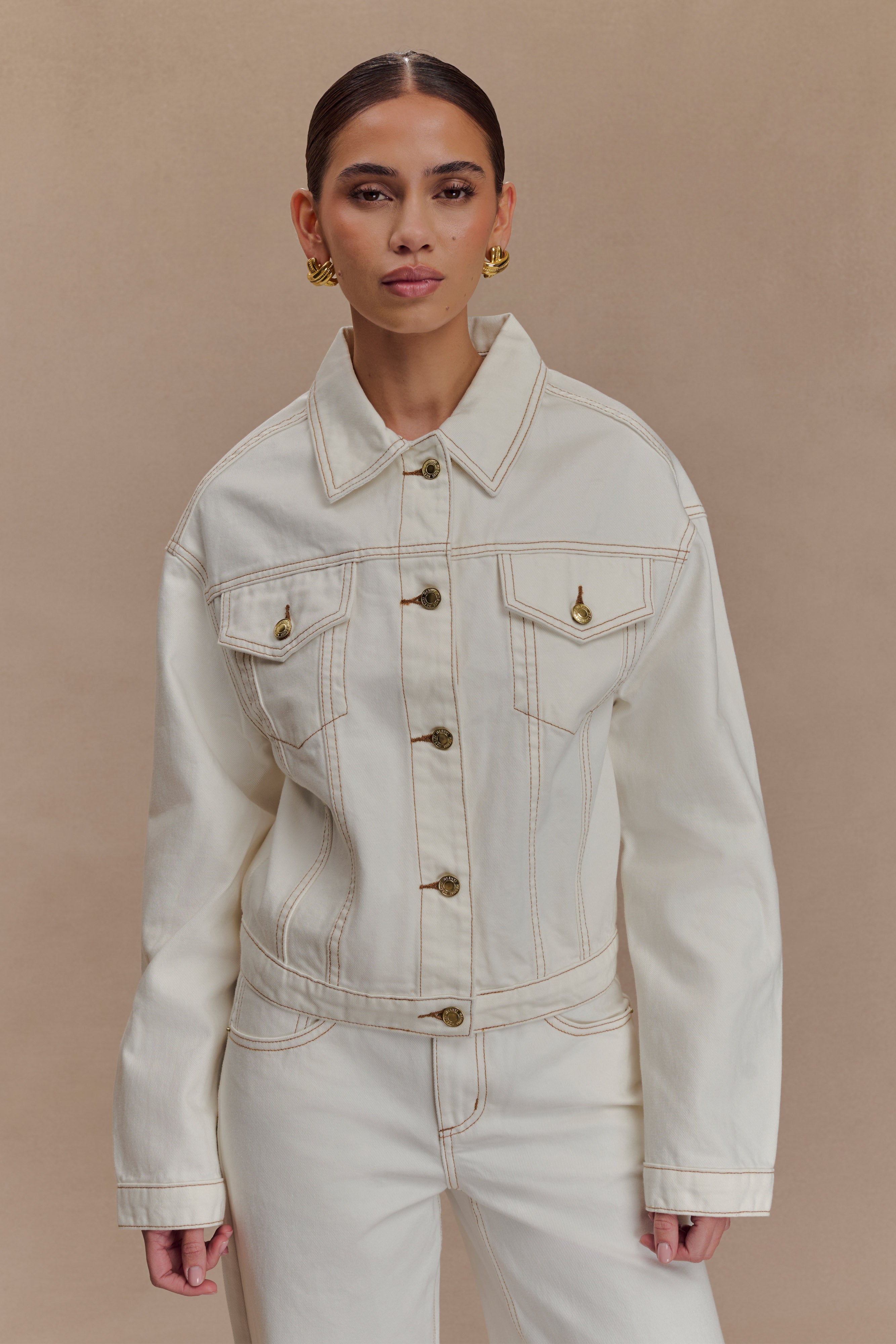 Women's White Cinched Denim Jacket with Tailored Fit | Kirra