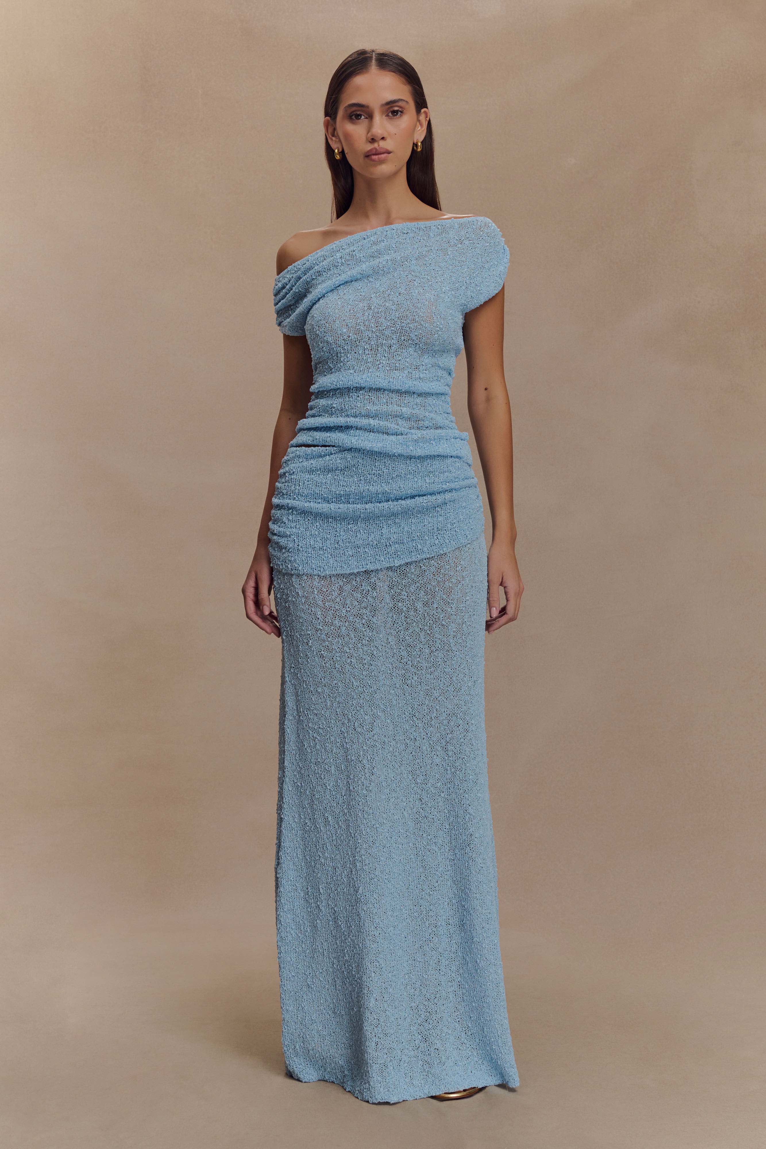 Ruched Knit Maxi Skirt with Fishtail Hem | Petra Light Blue