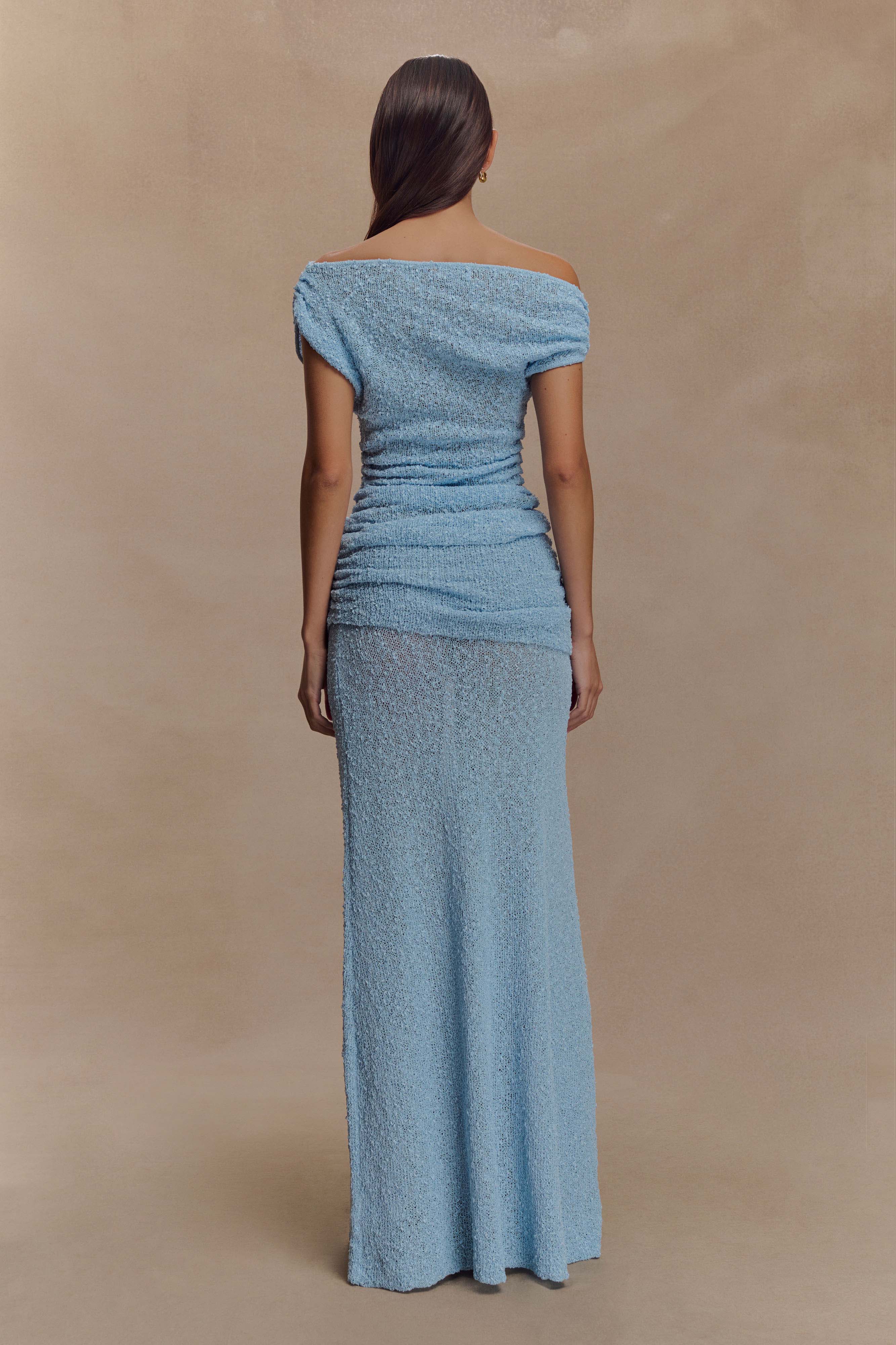 Ruched Knit Maxi Skirt with Fishtail Hem | Petra Light Blue