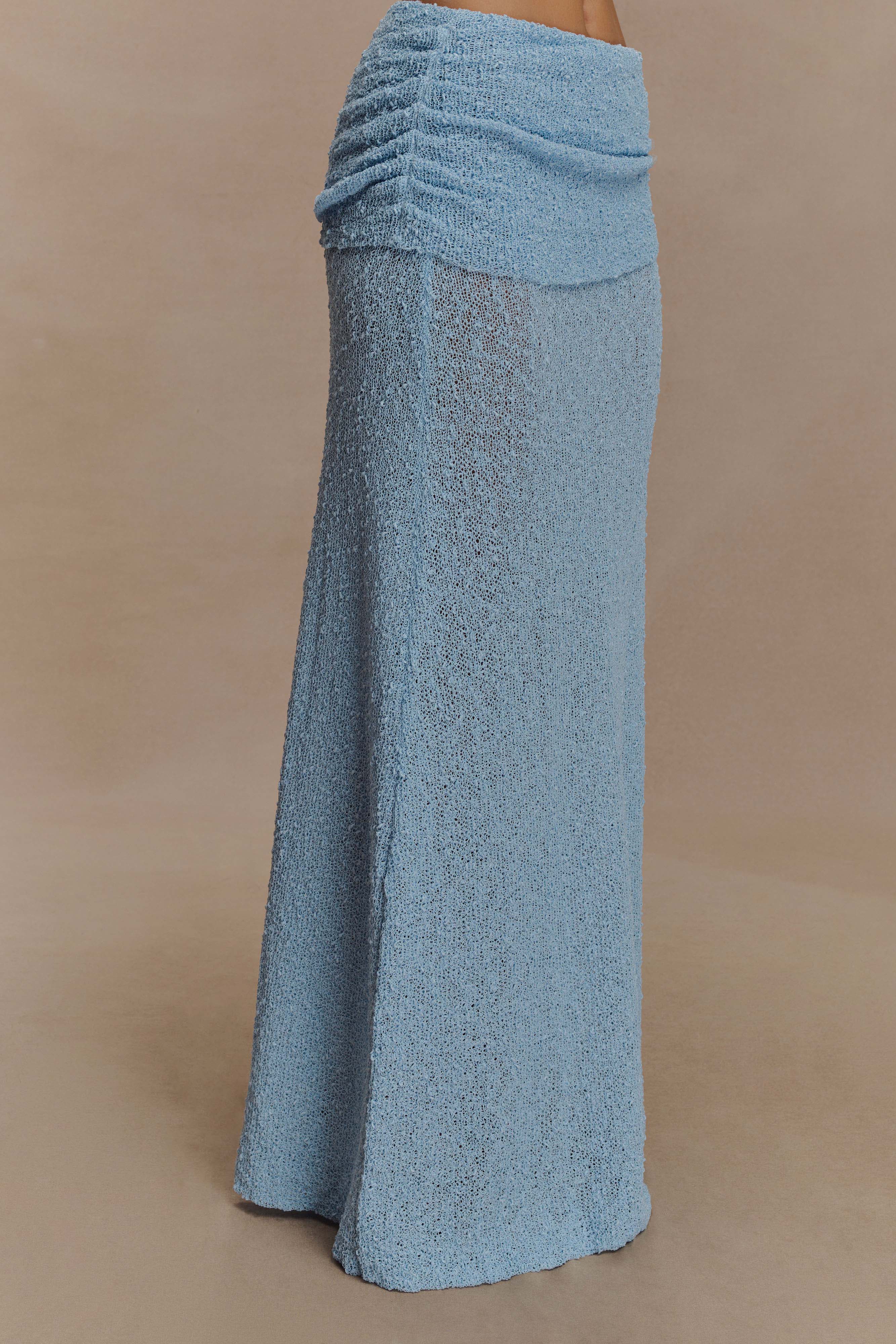 Ruched Knit Maxi Skirt with Fishtail Hem | Petra Light Blue