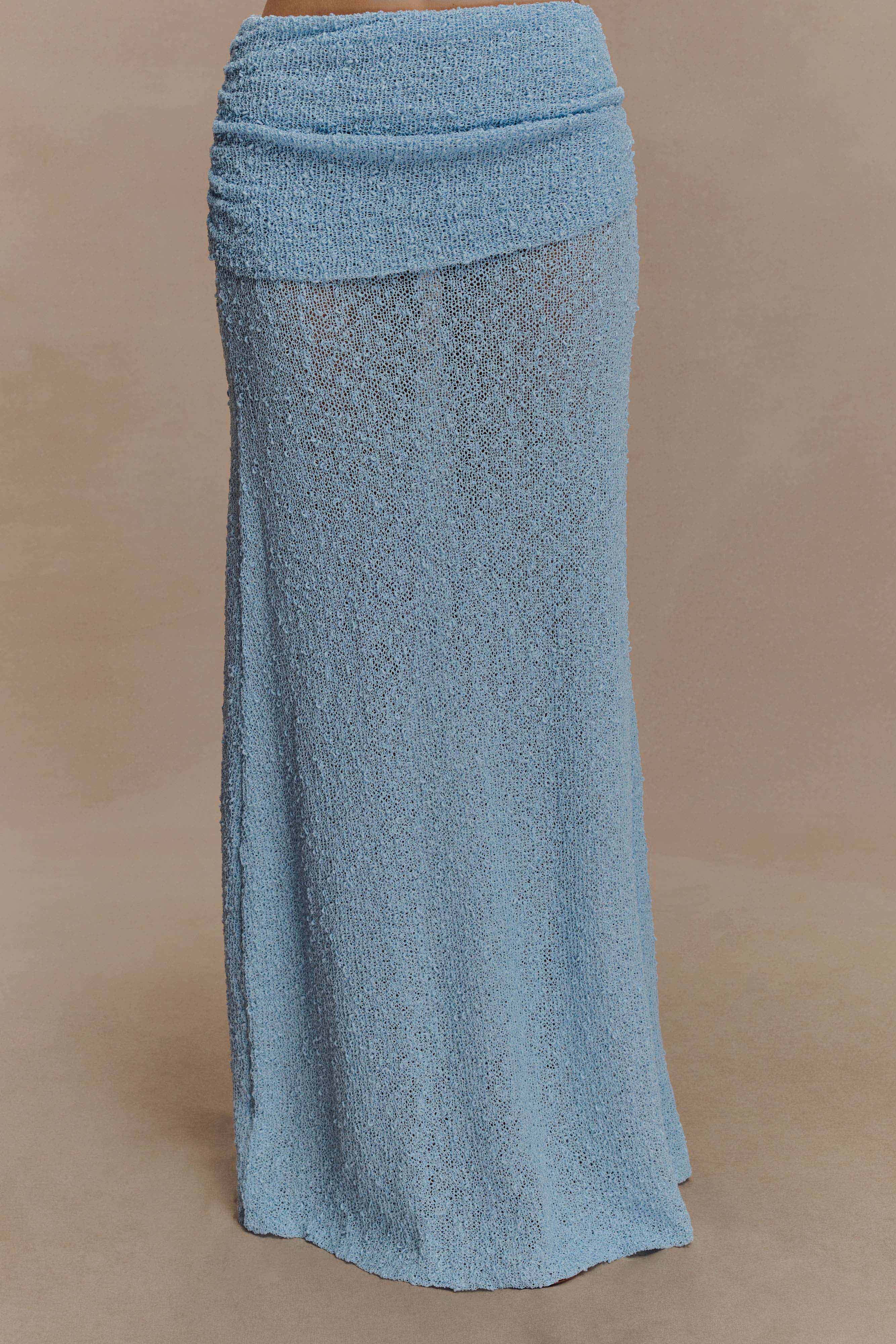 Ruched Knit Maxi Skirt with Fishtail Hem | Petra Light Blue