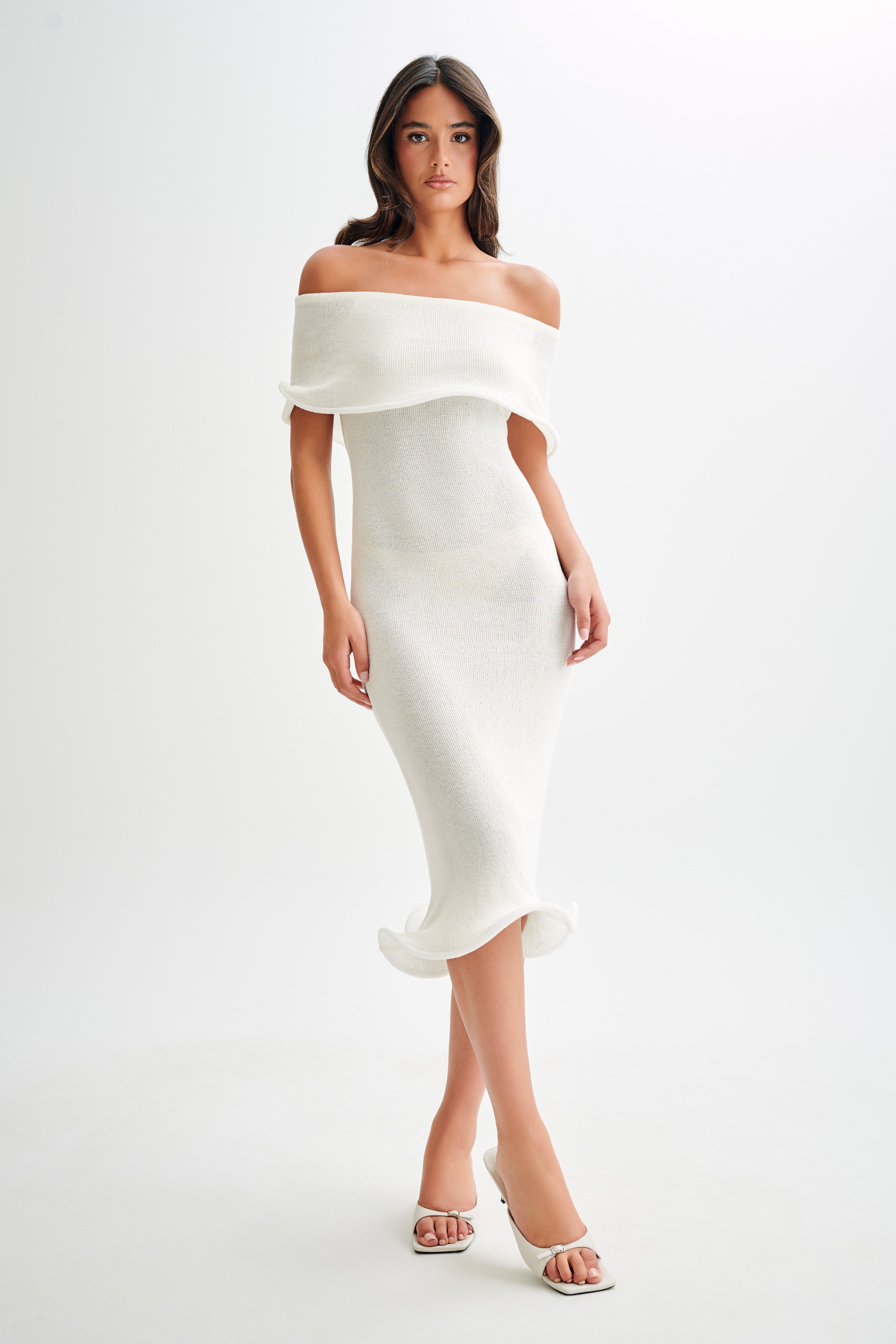 Off Shoulder Knit Midi Dress - Bodycon with Ripple Hem | Molly