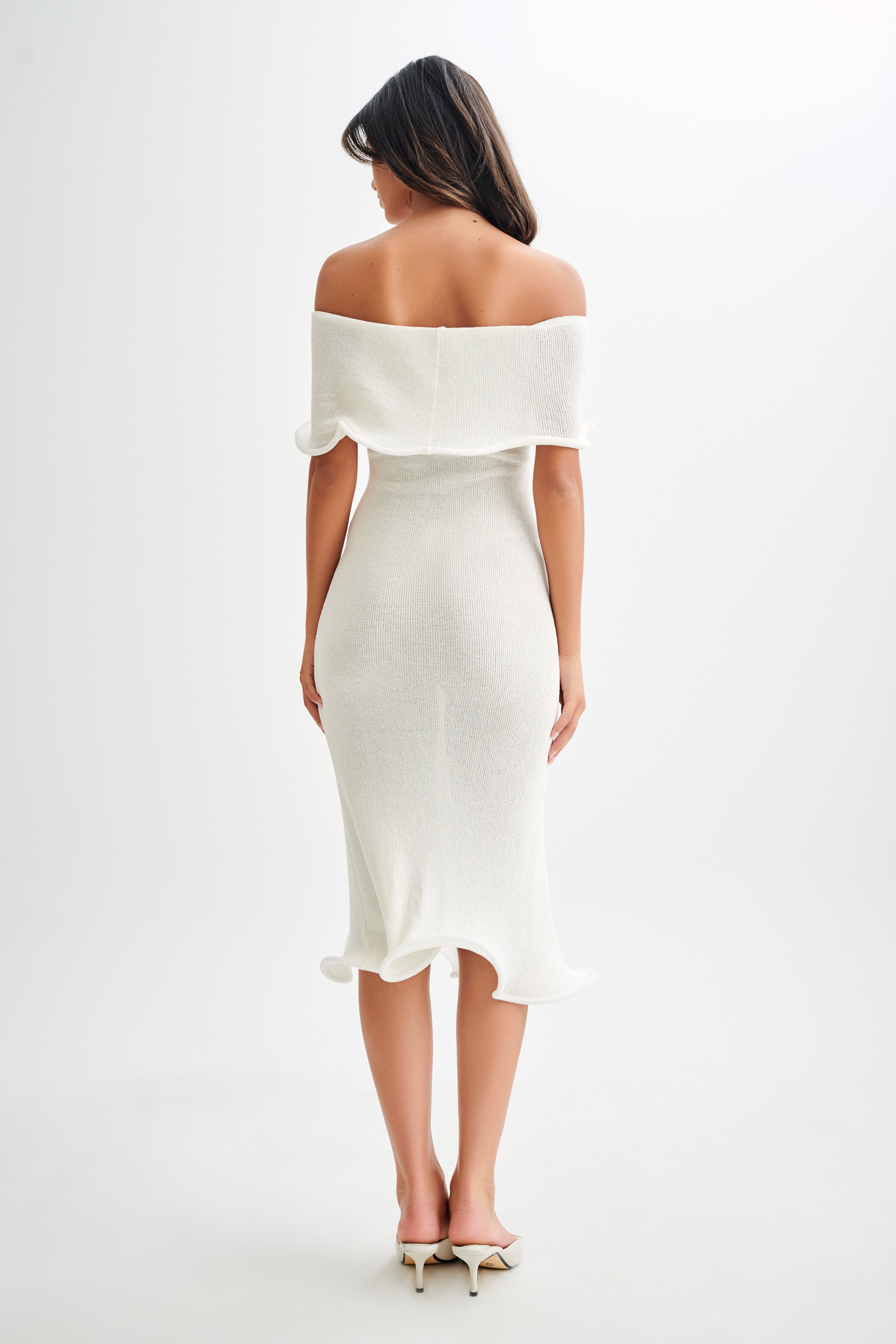 Off Shoulder Knit Midi Dress - Bodycon with Ripple Hem | Molly