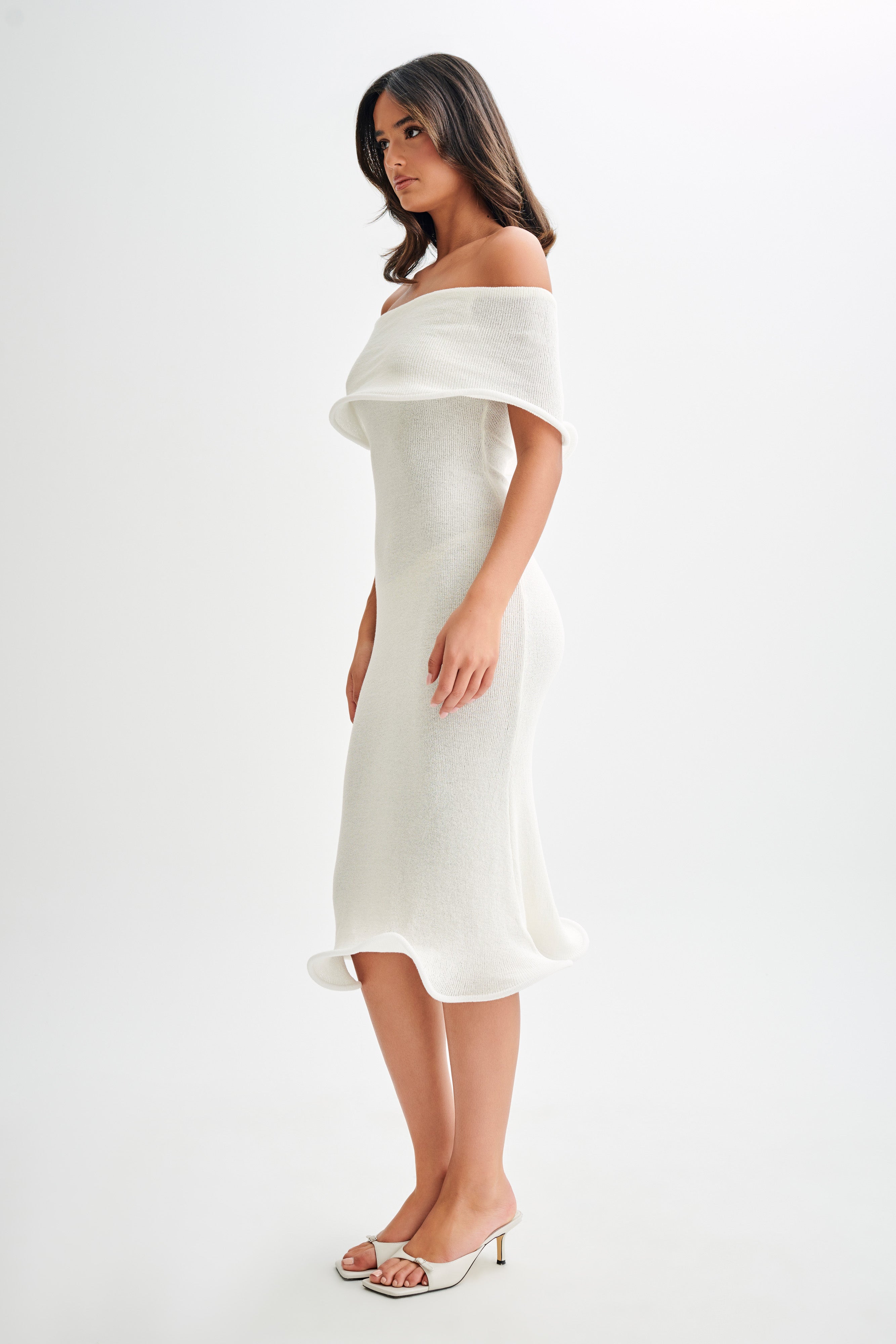 Off Shoulder Knit Midi Dress - Bodycon with Ripple Hem | Molly