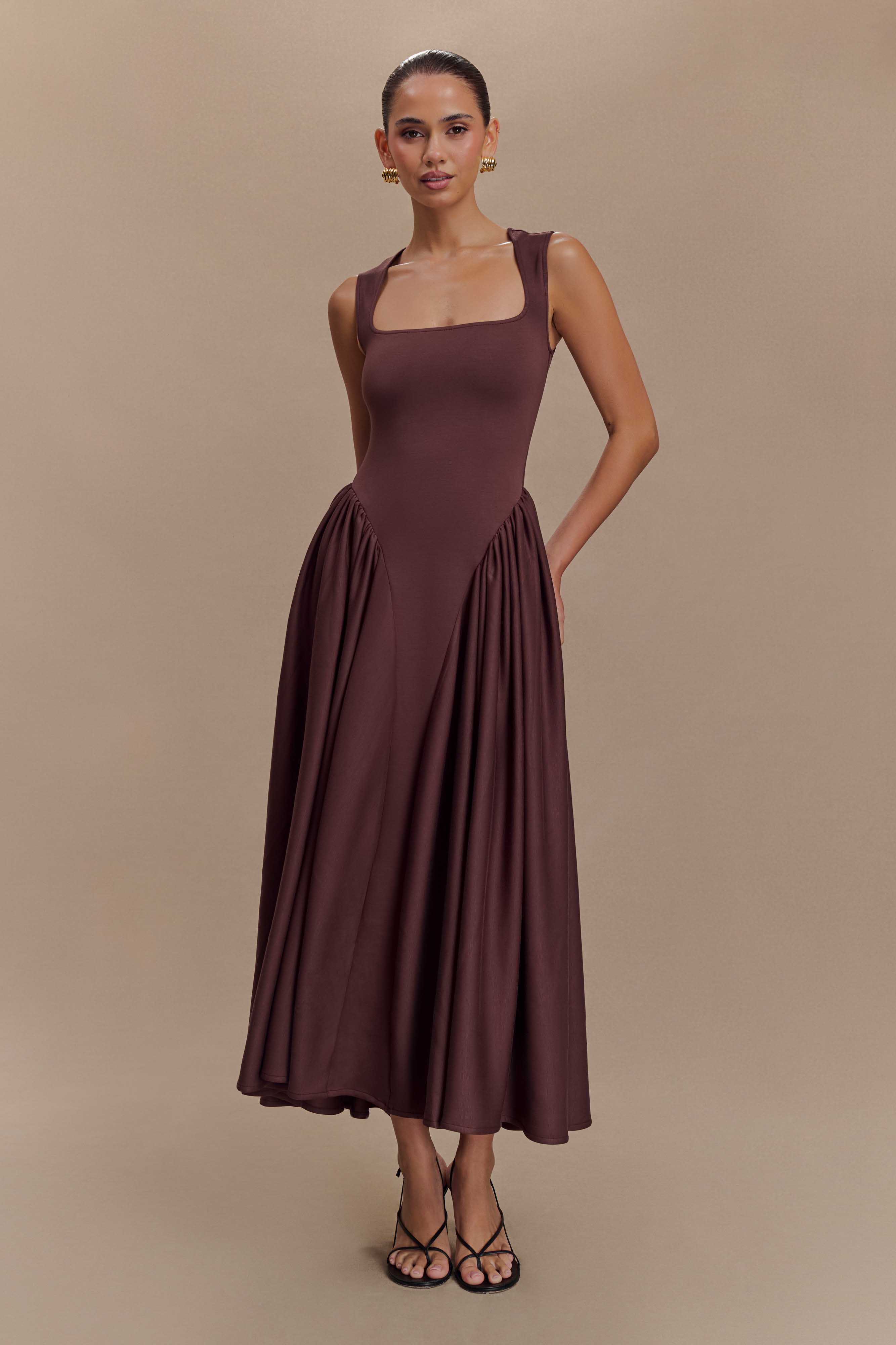 Scuba Jersey Midi Dress with Square Neckline & Sculpted Straps | Sharon
