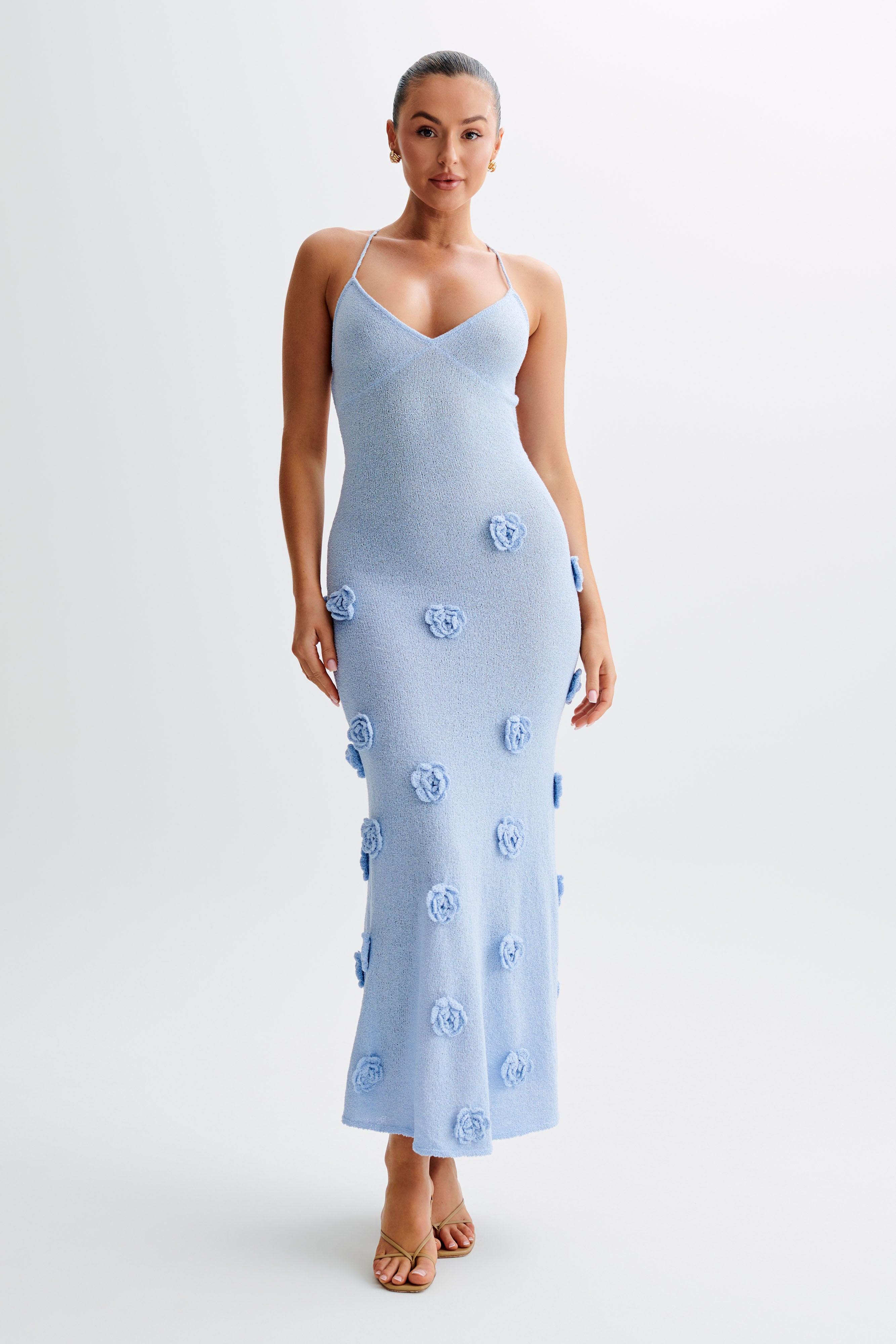 Floral Knit Maxi Dress with V Neck & Crisscross Straps | Suki