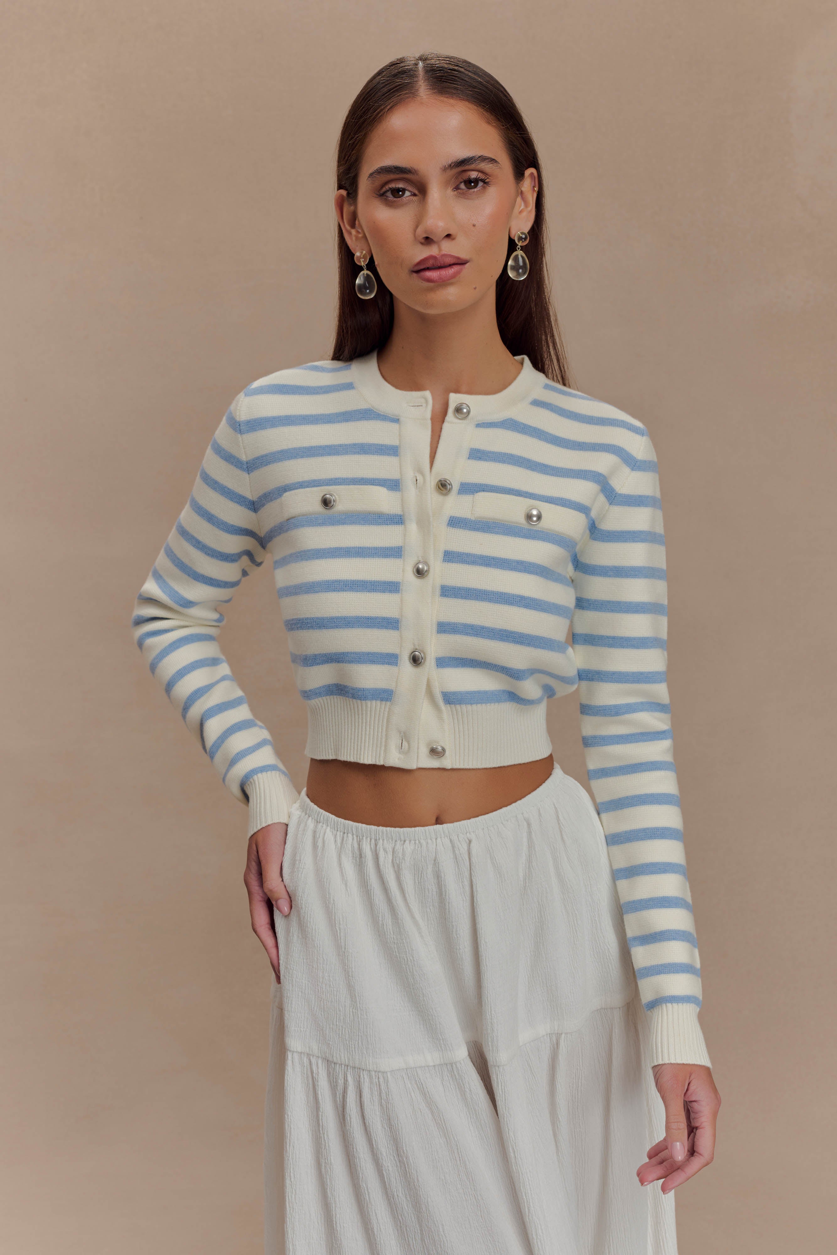Striped Knit Cardigan for Women | Light Blue & White | TANNER