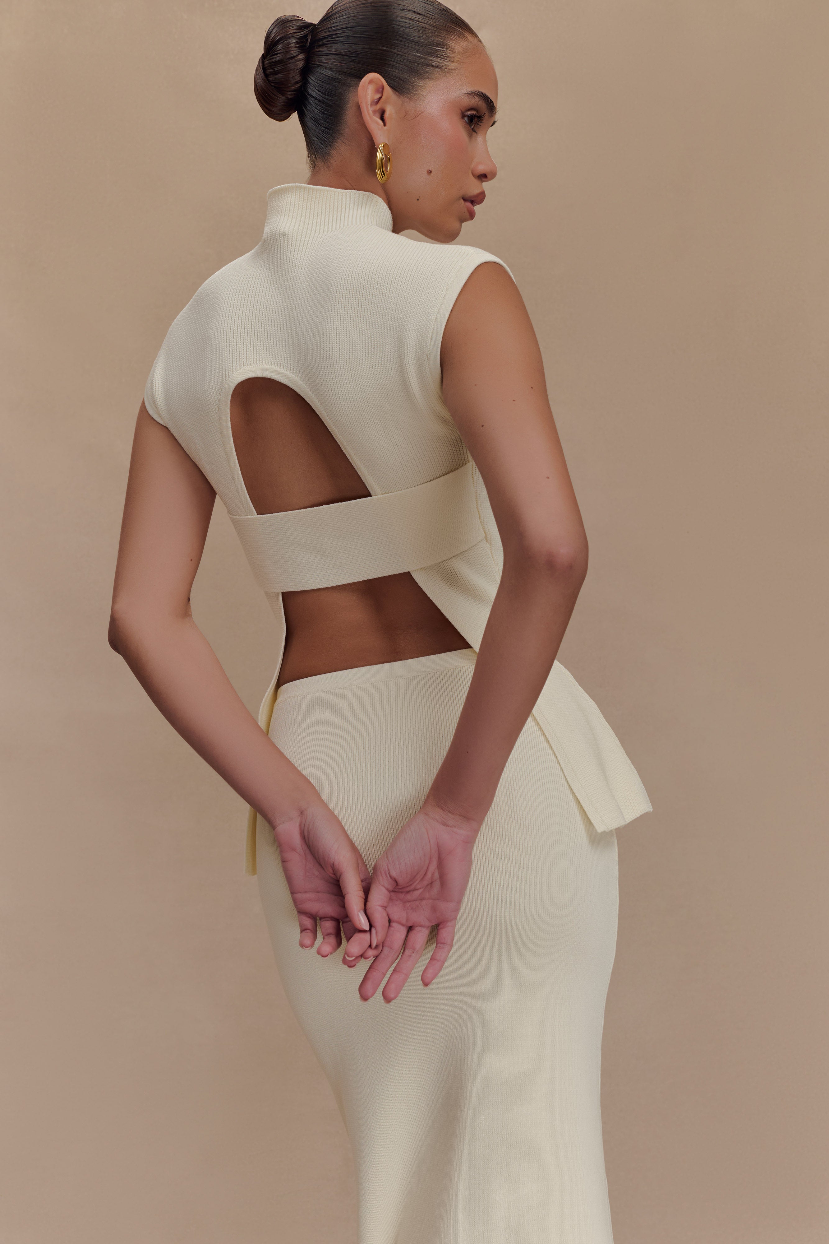 Ribbed Knit Open Back Top with Strap Detail | Maxine Ivory