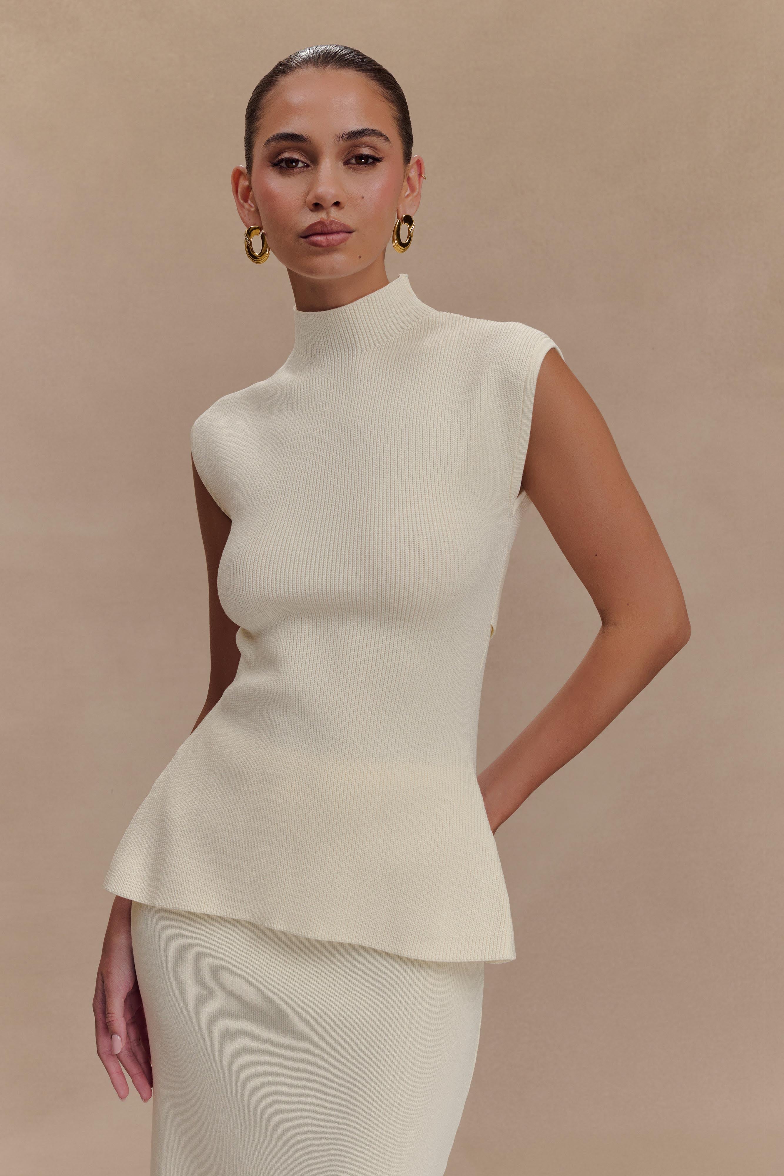 Ribbed Knit Open Back Top with Strap Detail | Maxine Ivory