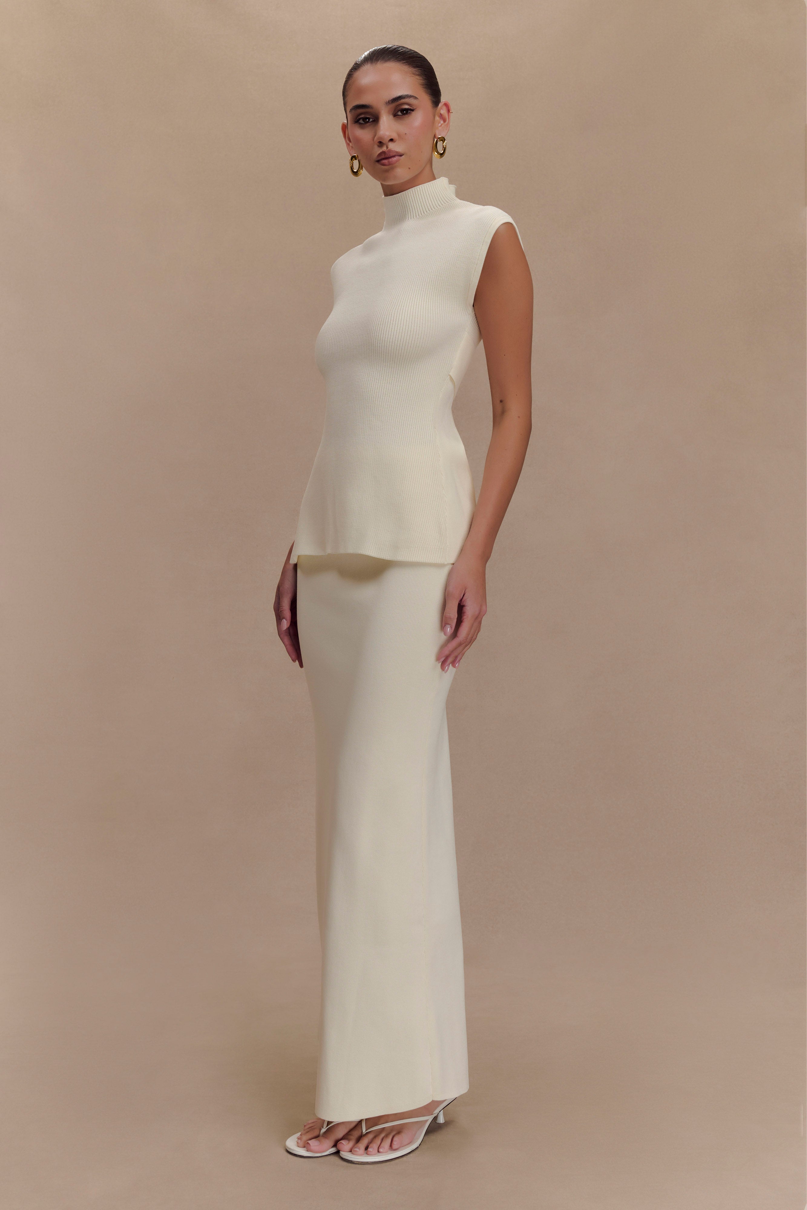 Ribbed Knit Open Back Top with Strap Detail | Maxine Ivory