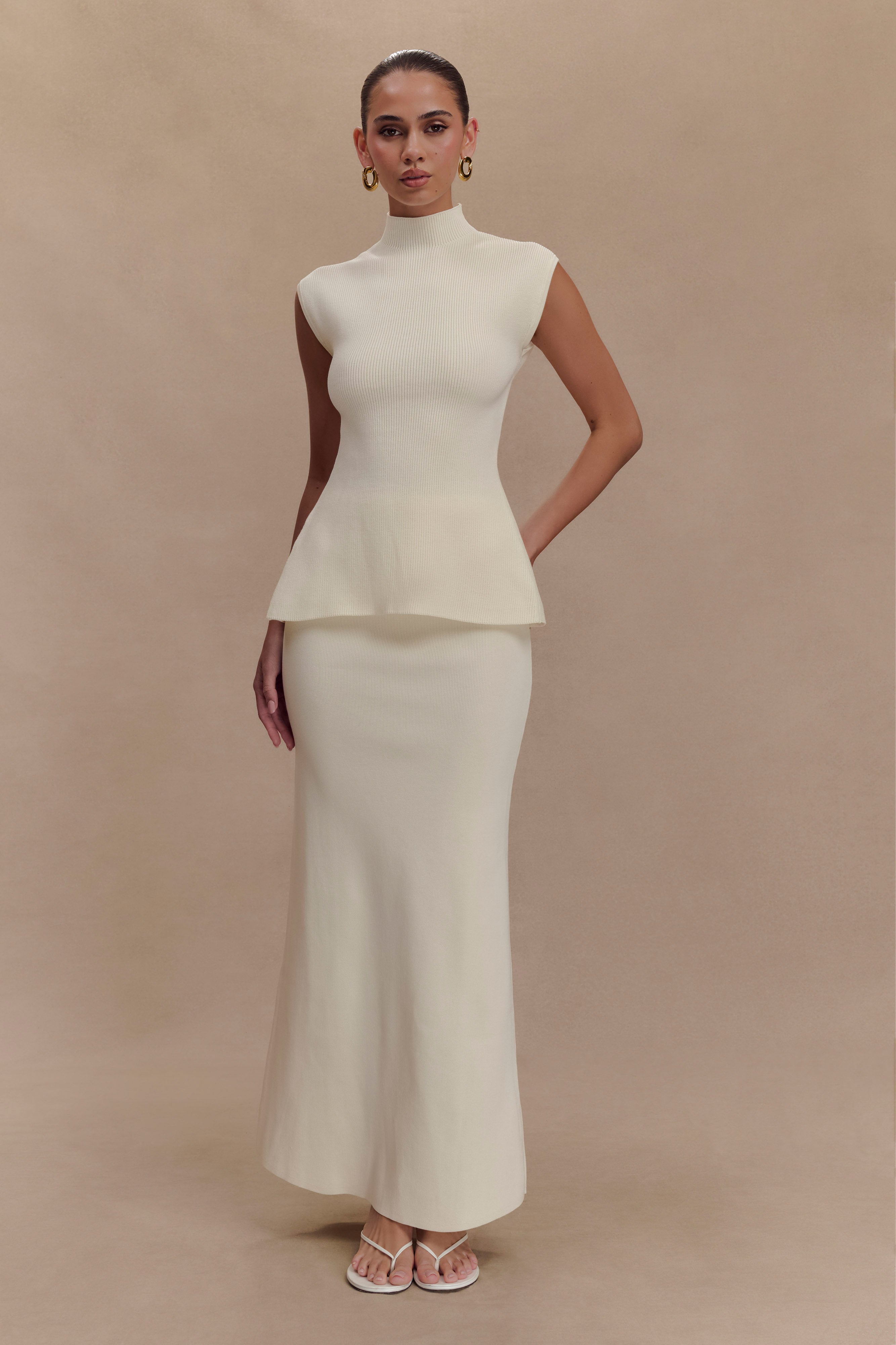 Ribbed Knit Open Back Top with Strap Detail | Maxine Ivory