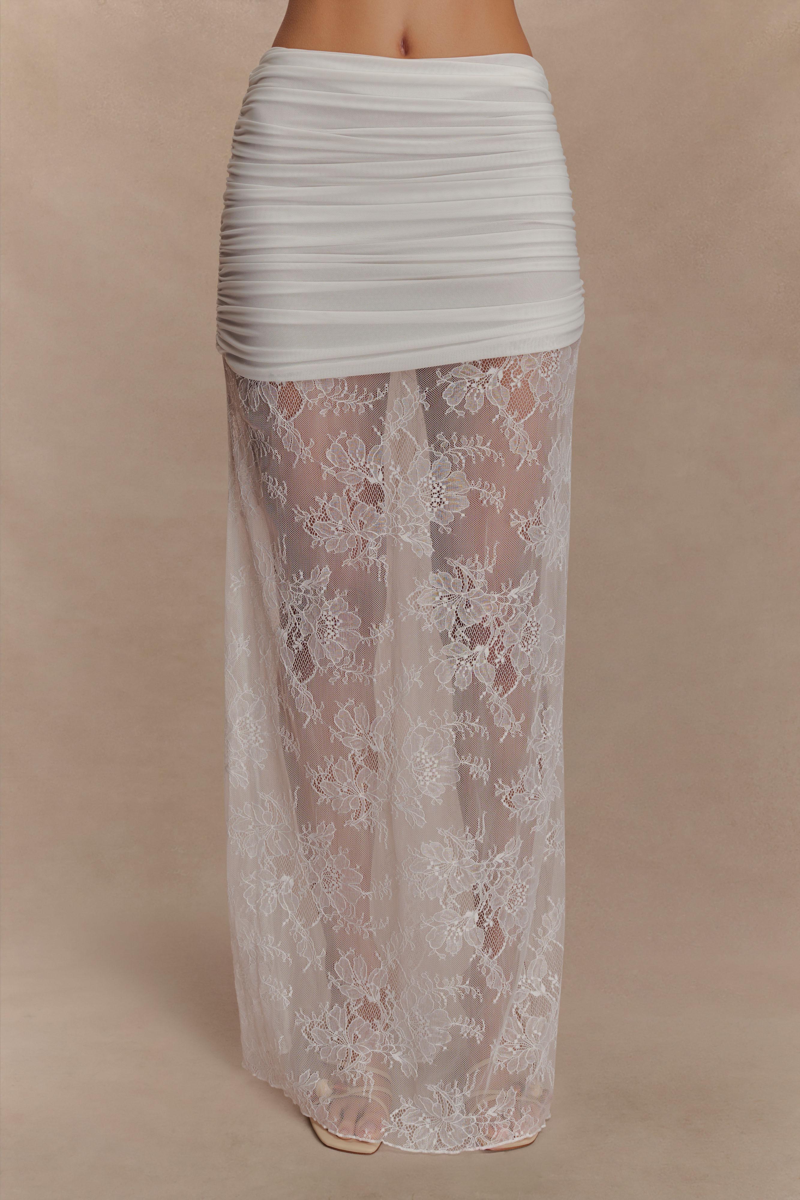 Lace and Mesh Maxi Skirt with Sheer Overlay | Guinevere Ivory
