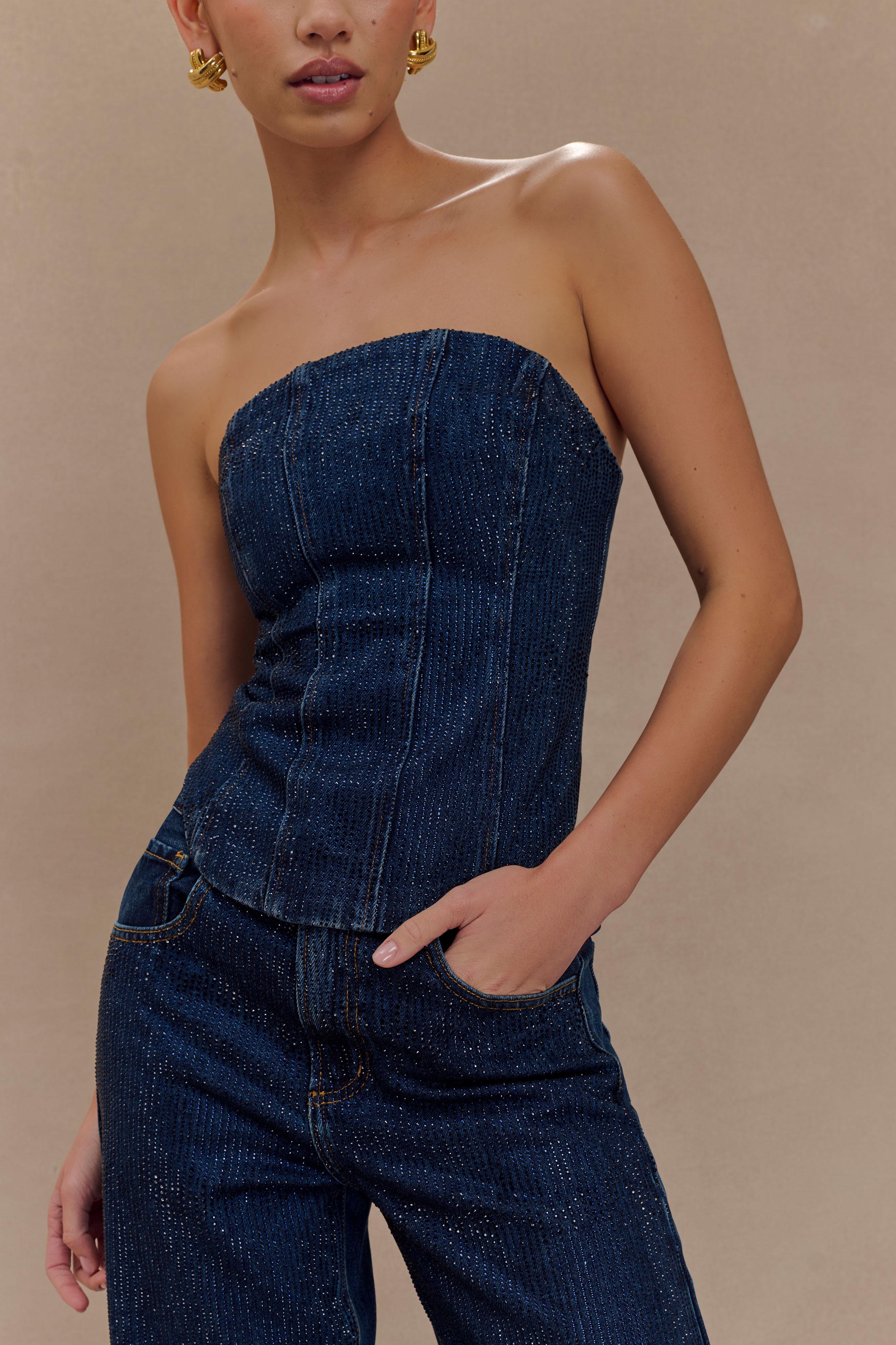 Strapless Denim Corset with Diamante Details | Monte Midnight Blue
