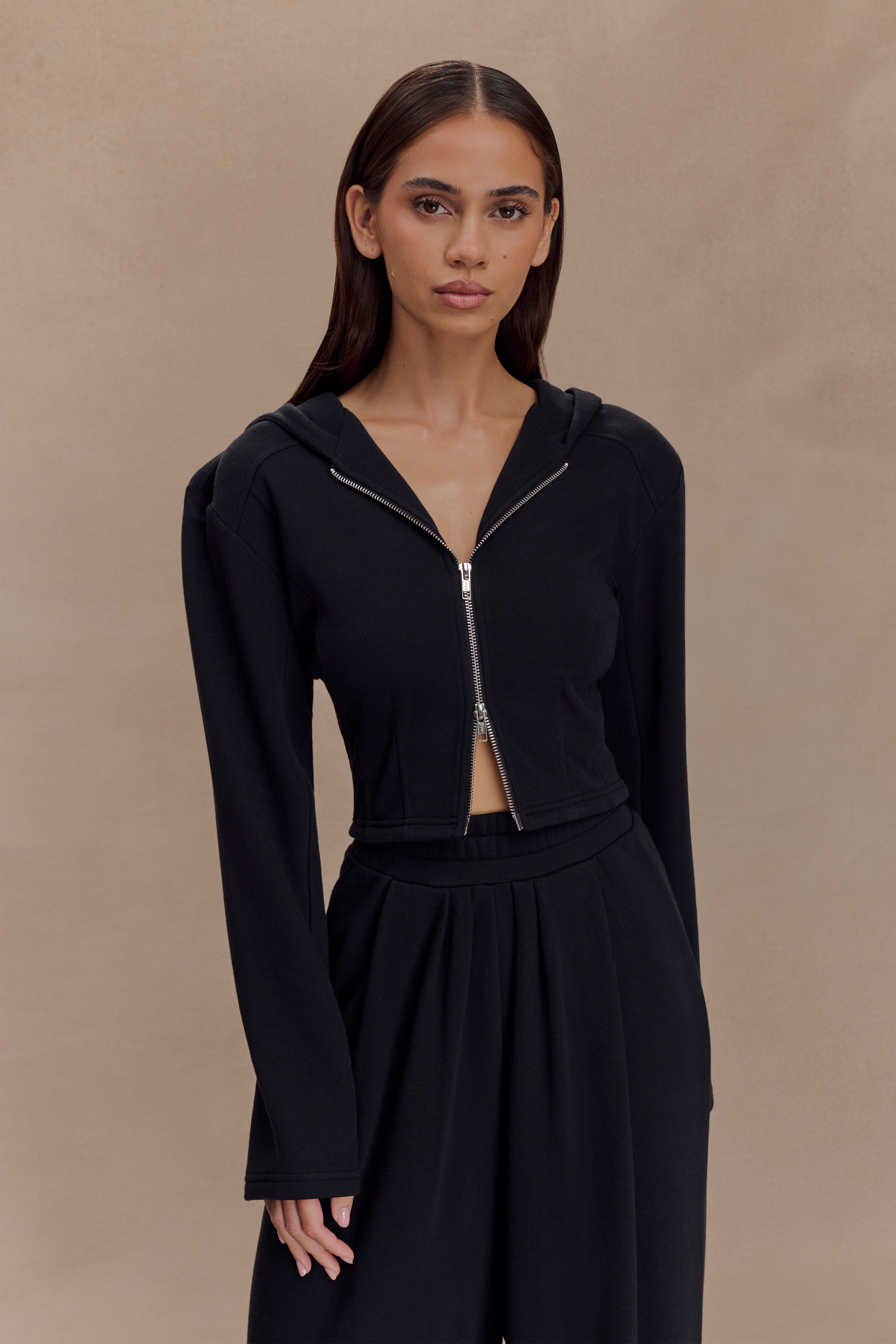 Women's Cropped Zip Up Hoodie with Structured Shoulders | Quinn Black