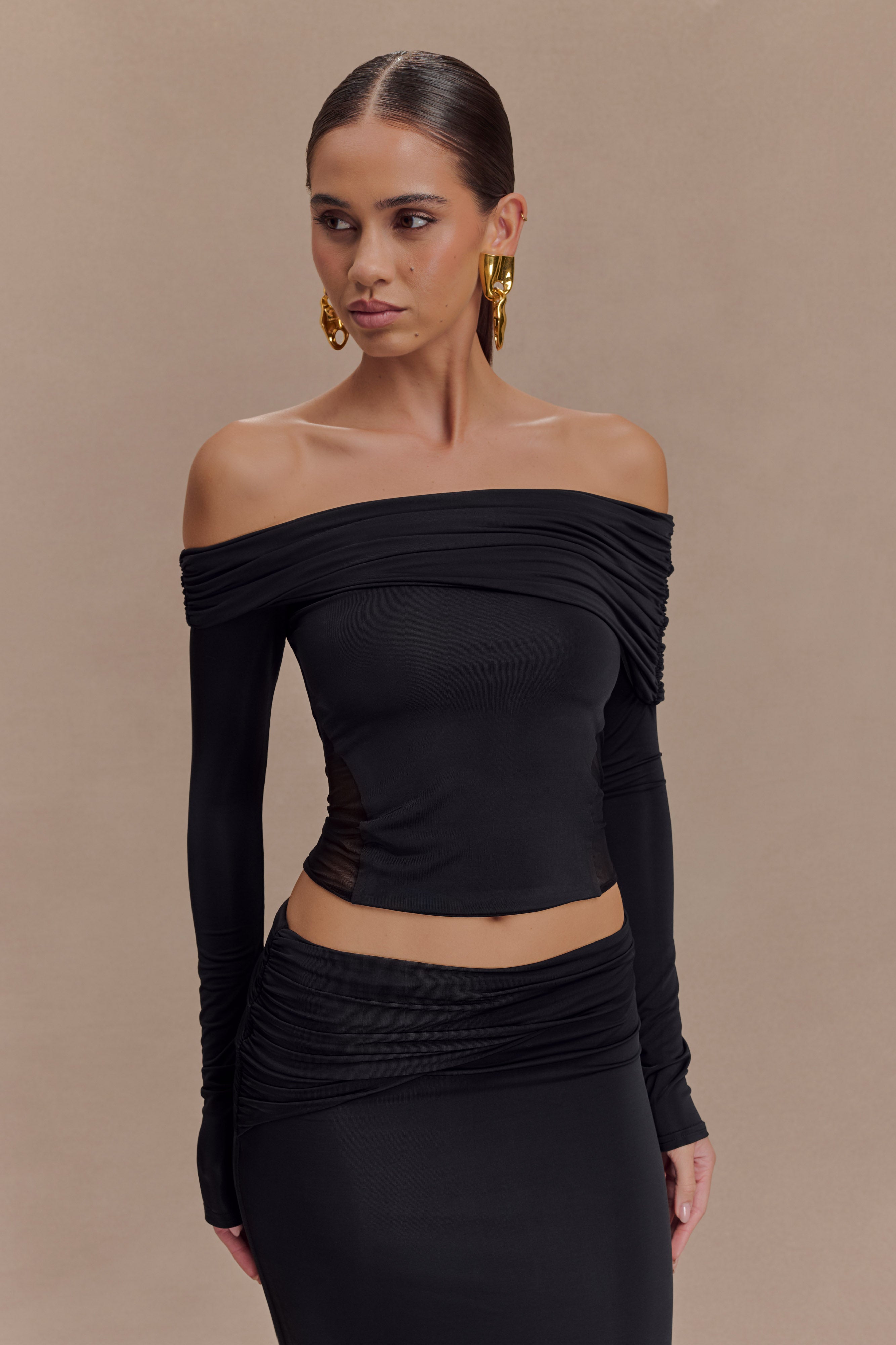 Off Shoulder Mesh Top with Sheer Detail | Judy Slinky Black