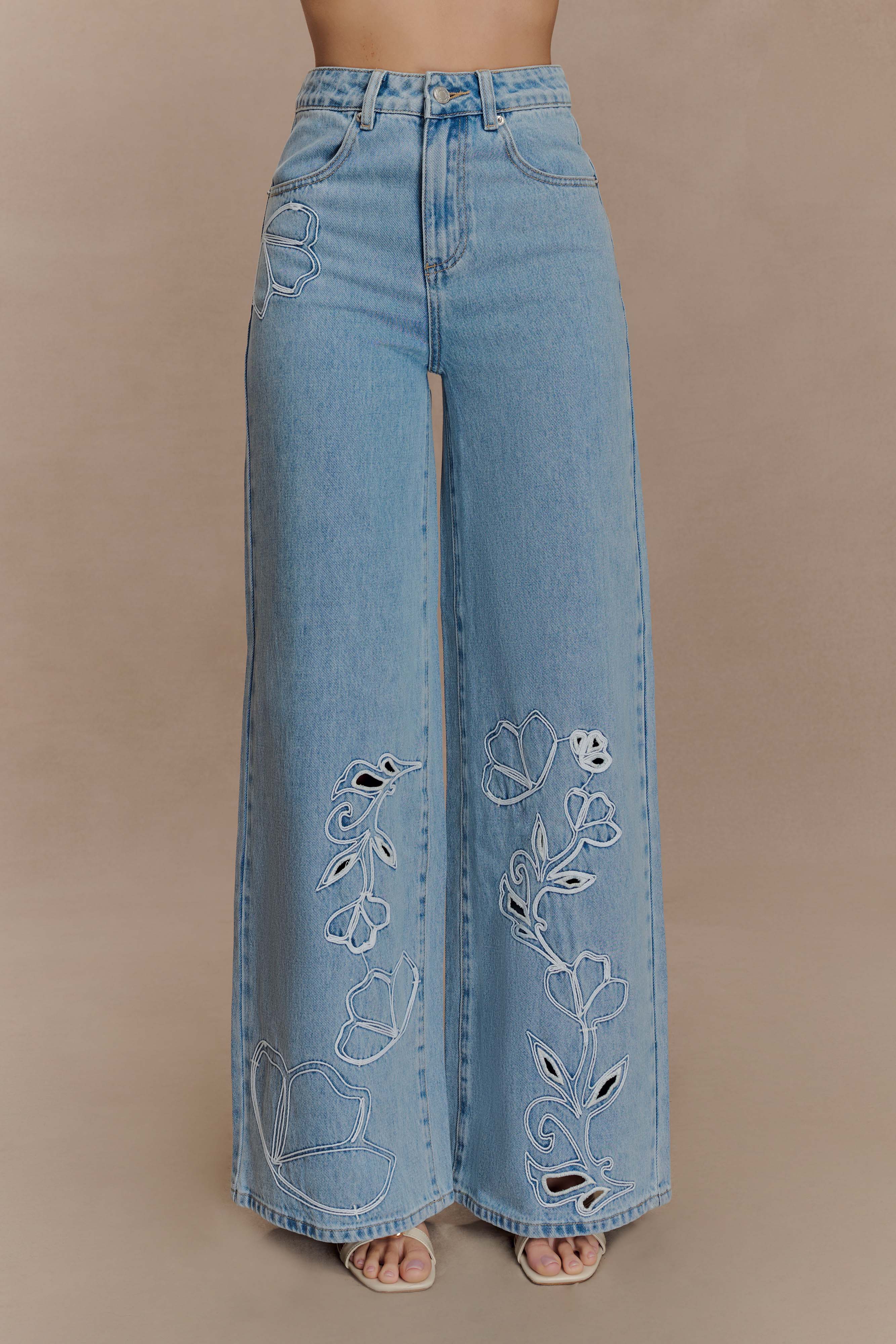 Embroidered Straight Leg Jeans for Women | Carmella Mid Blue