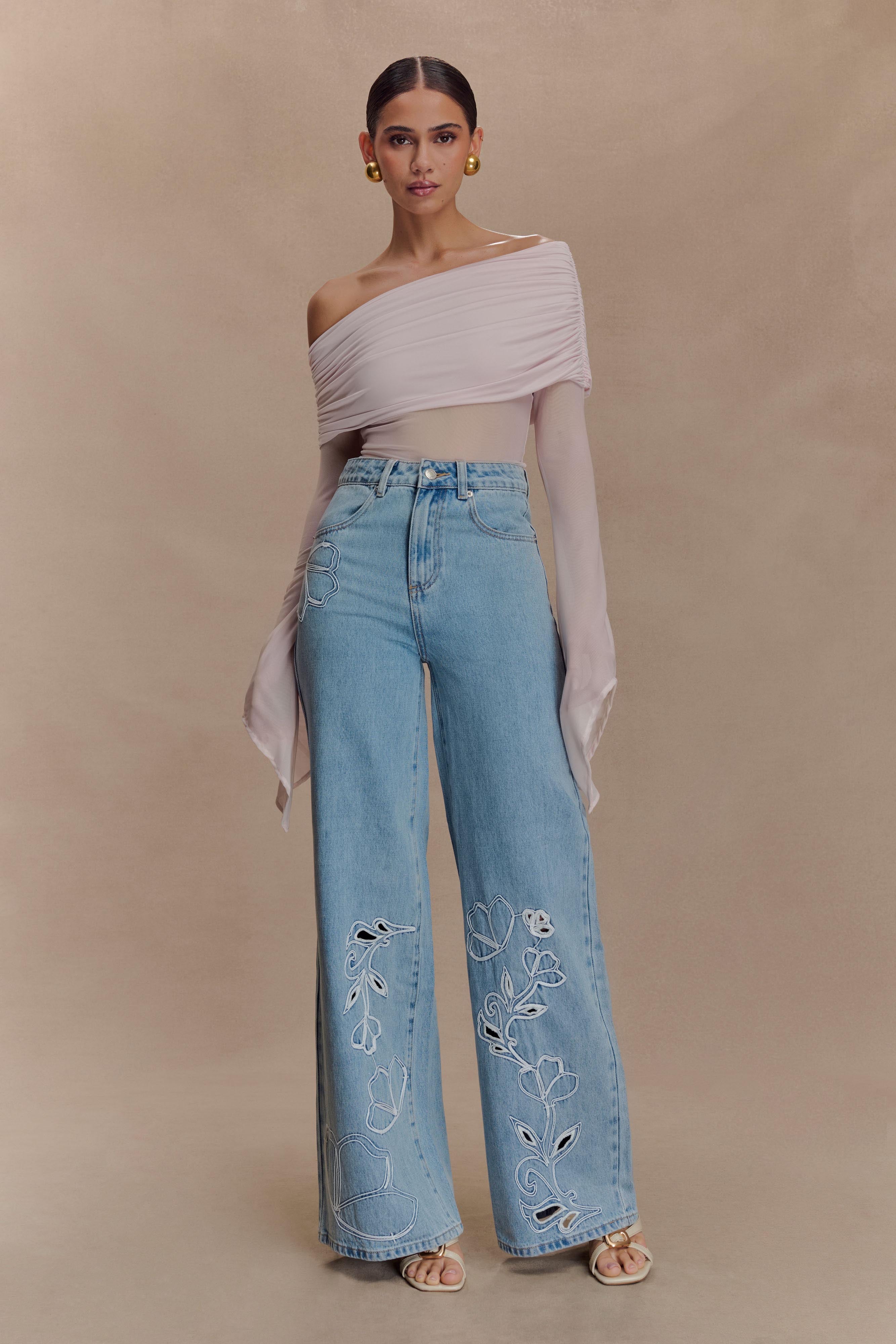 Embroidered Straight Leg Jeans for Women | Carmella Mid Blue