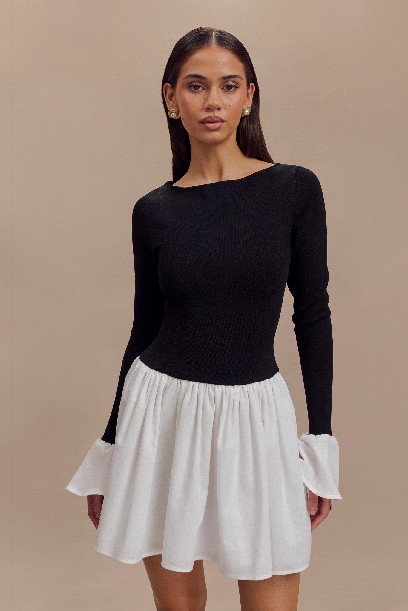 Knit & Linen Mini Dress with Flared Skirt & Crew Neck | Sansa