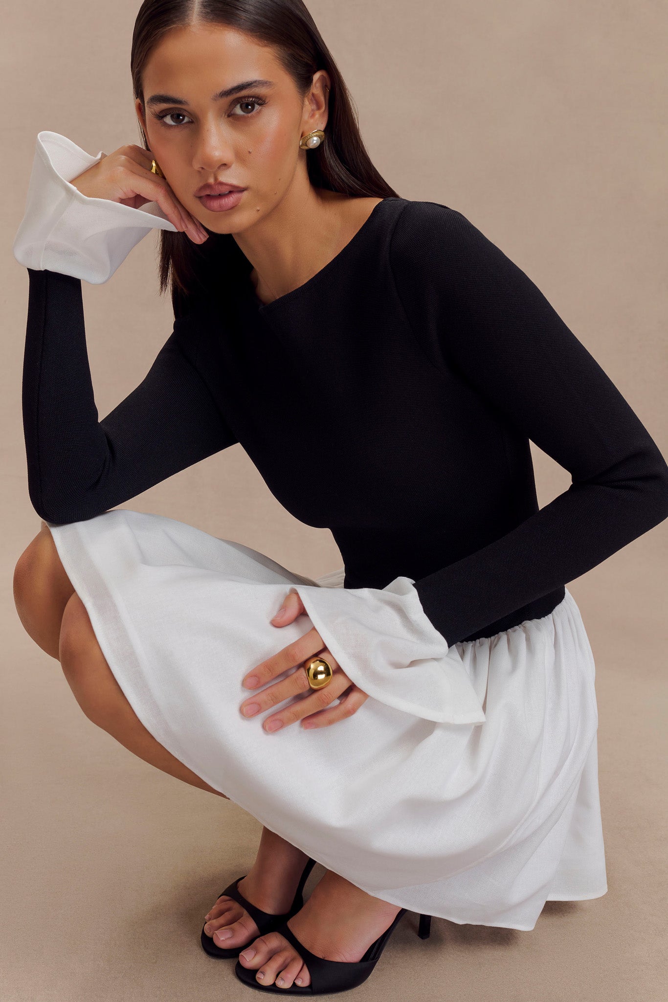 Knit & Linen Mini Dress with Flared Skirt & Crew Neck | Sansa