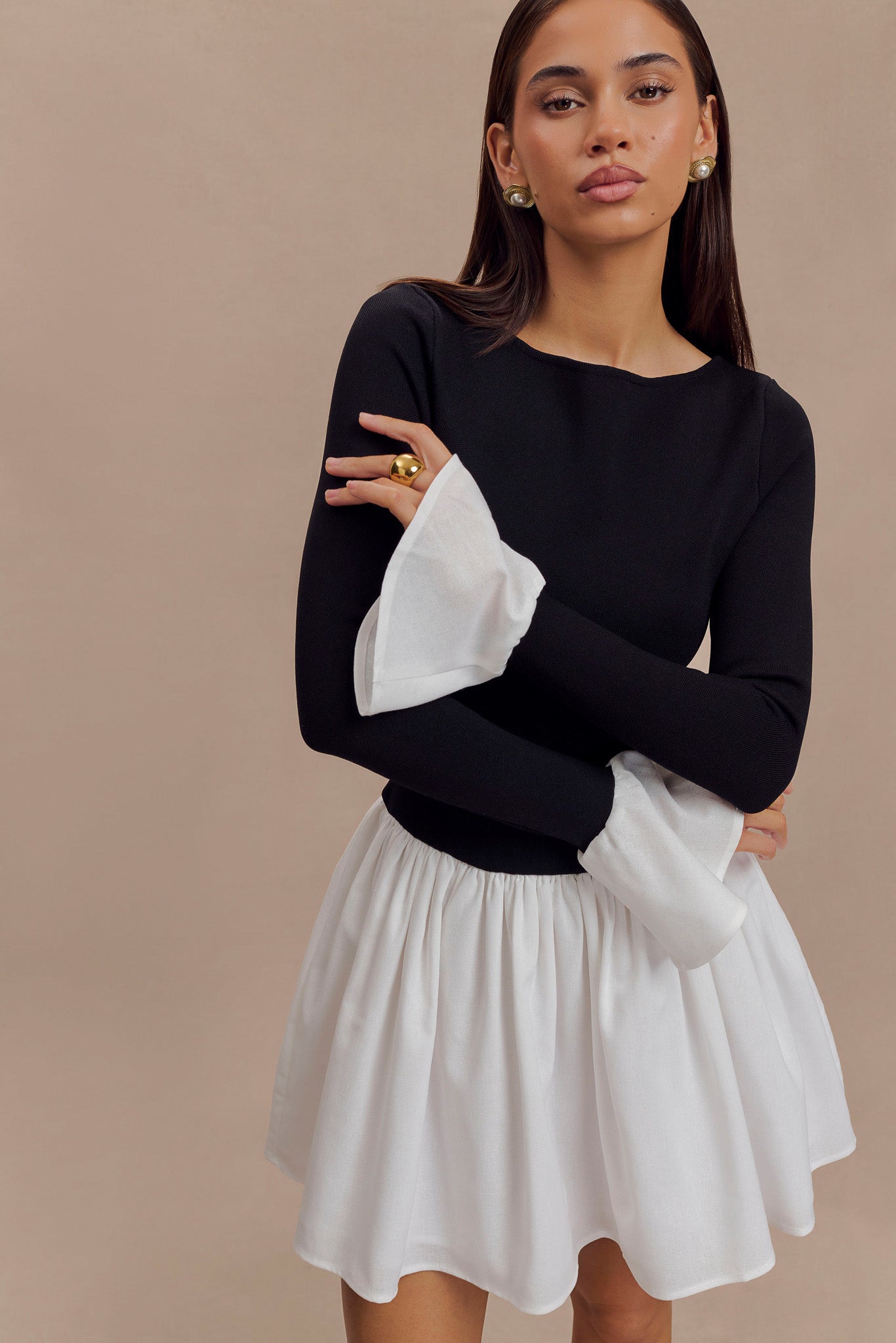 Knit & Linen Mini Dress with Flared Skirt & Crew Neck | Sansa