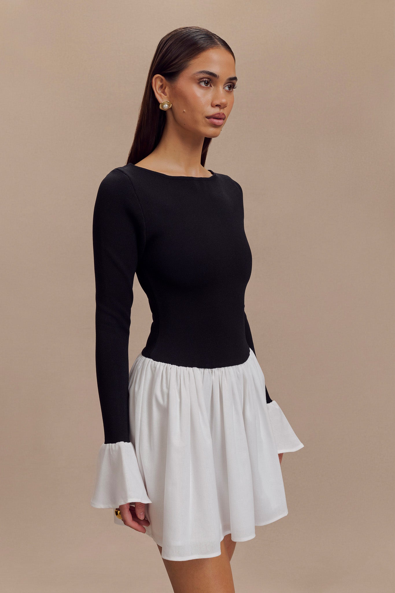 Knit & Linen Mini Dress with Flared Skirt & Crew Neck | Sansa