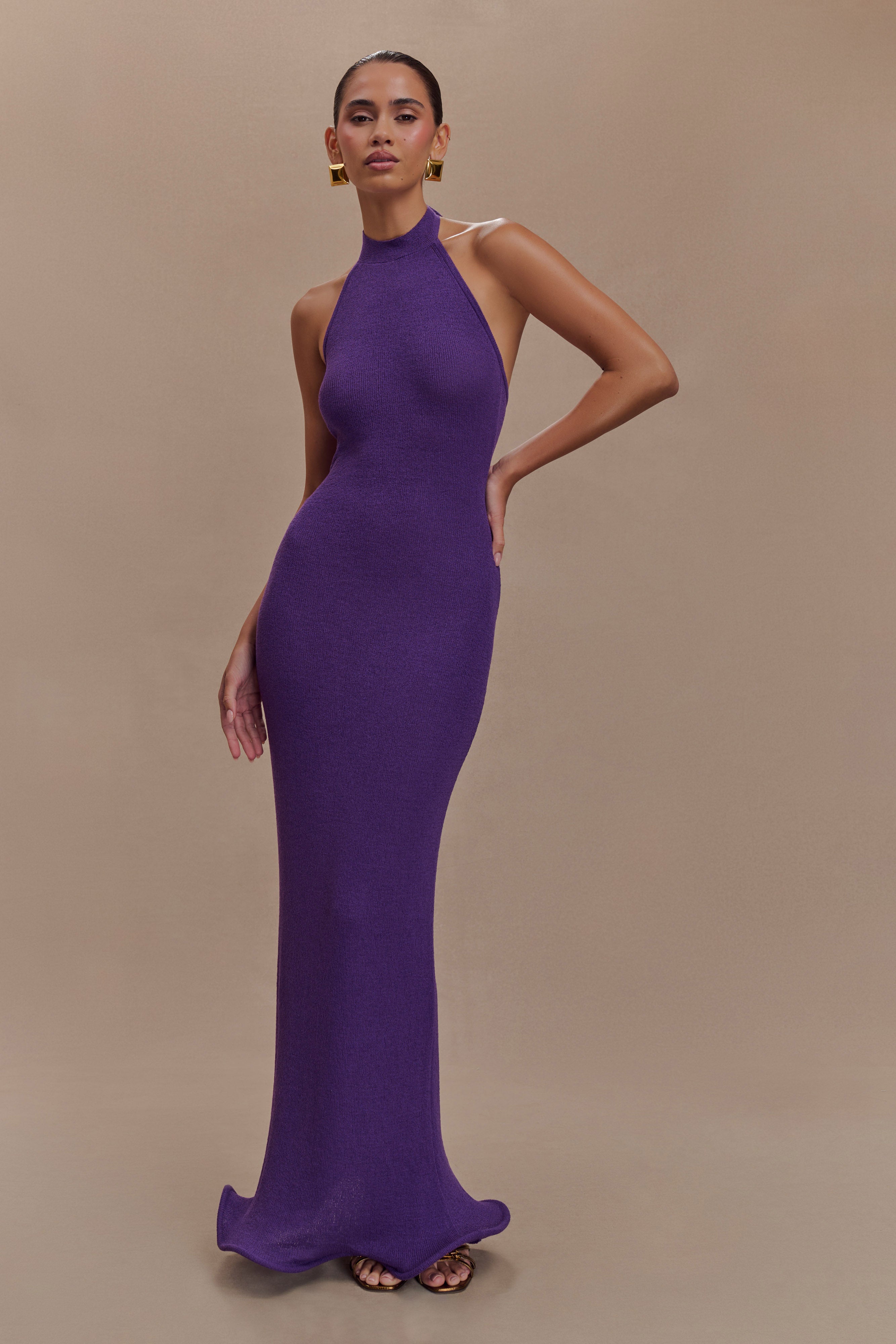Halter Knit Maxi Dress with Open Back & Ripple Hem | Melodie