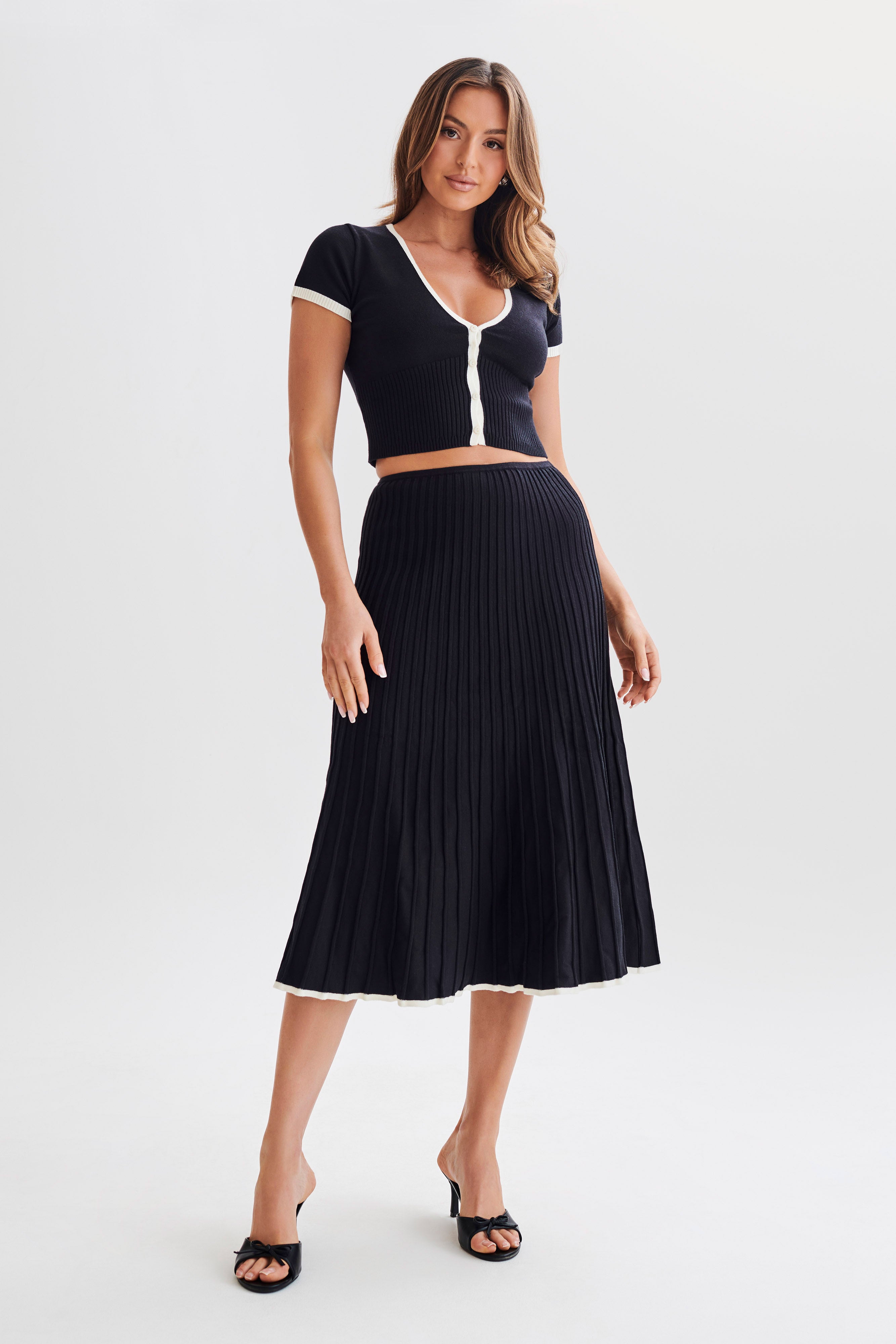 Contrast Rib Knit Midi Skirt for Women | Jolene Black
