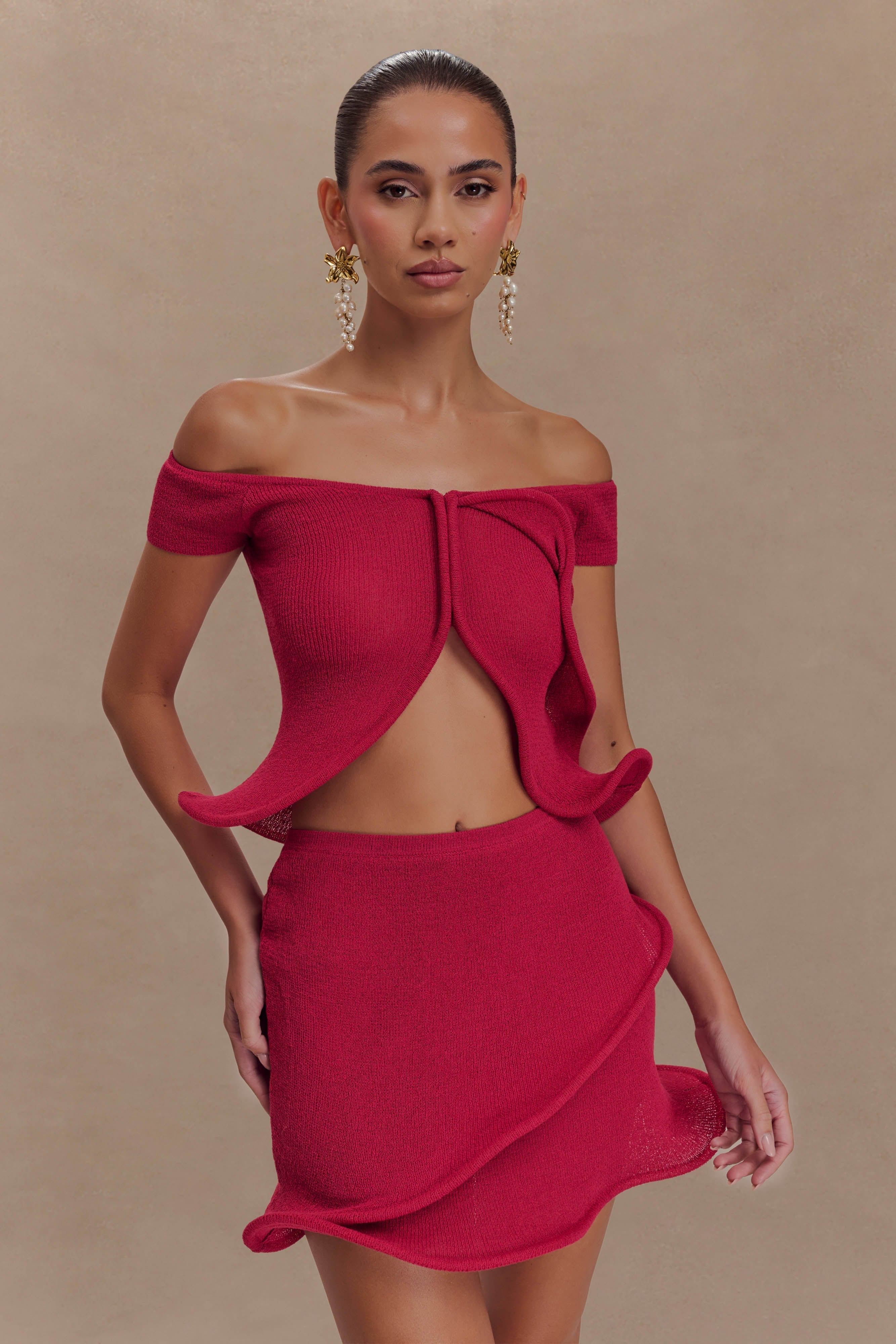 Off Shoulder Knit Top with Button Front & Ripple Hem | Haisley