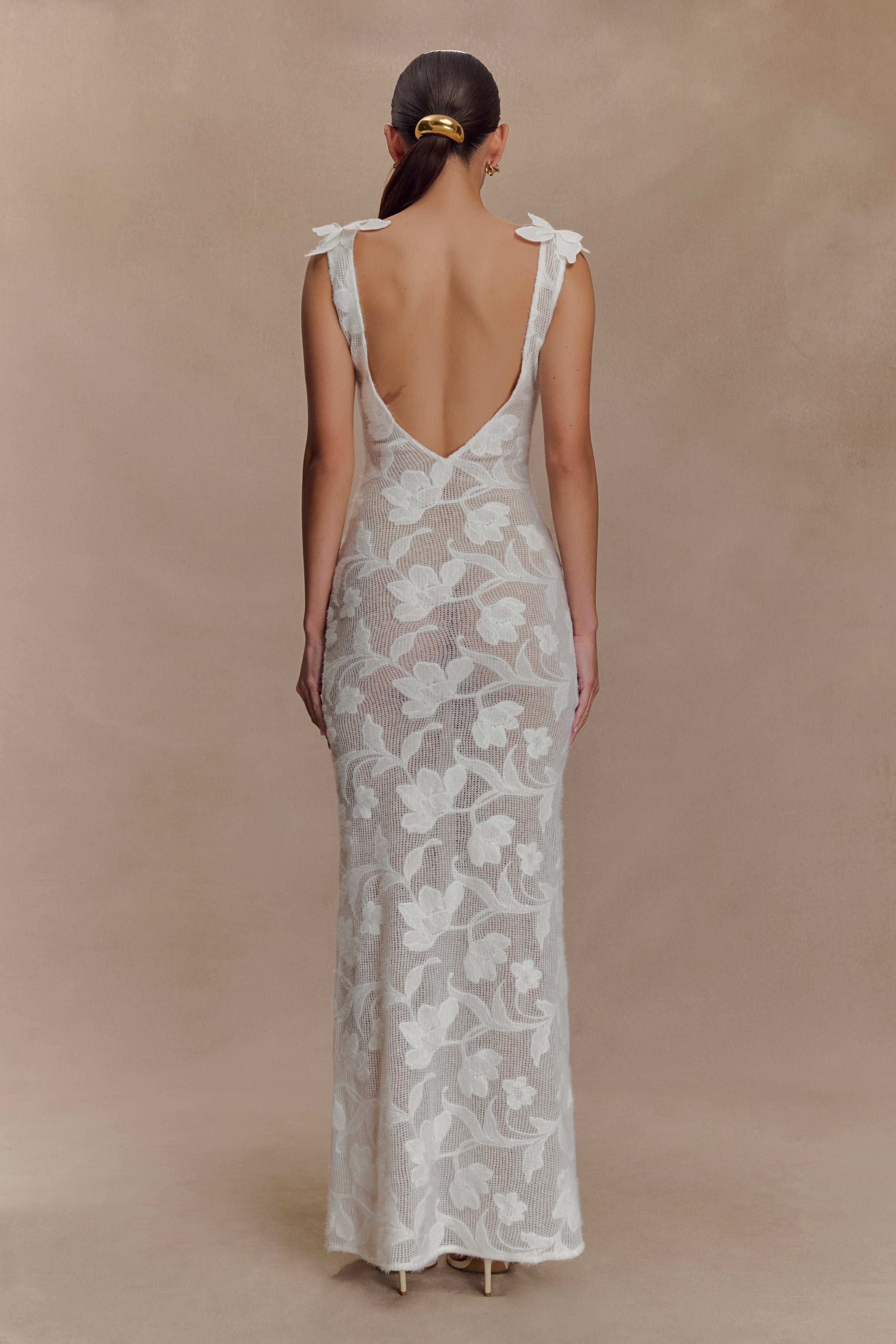Sheer Floral Maxi Dress with V-Neck & Open Back | Cornelia Ivory