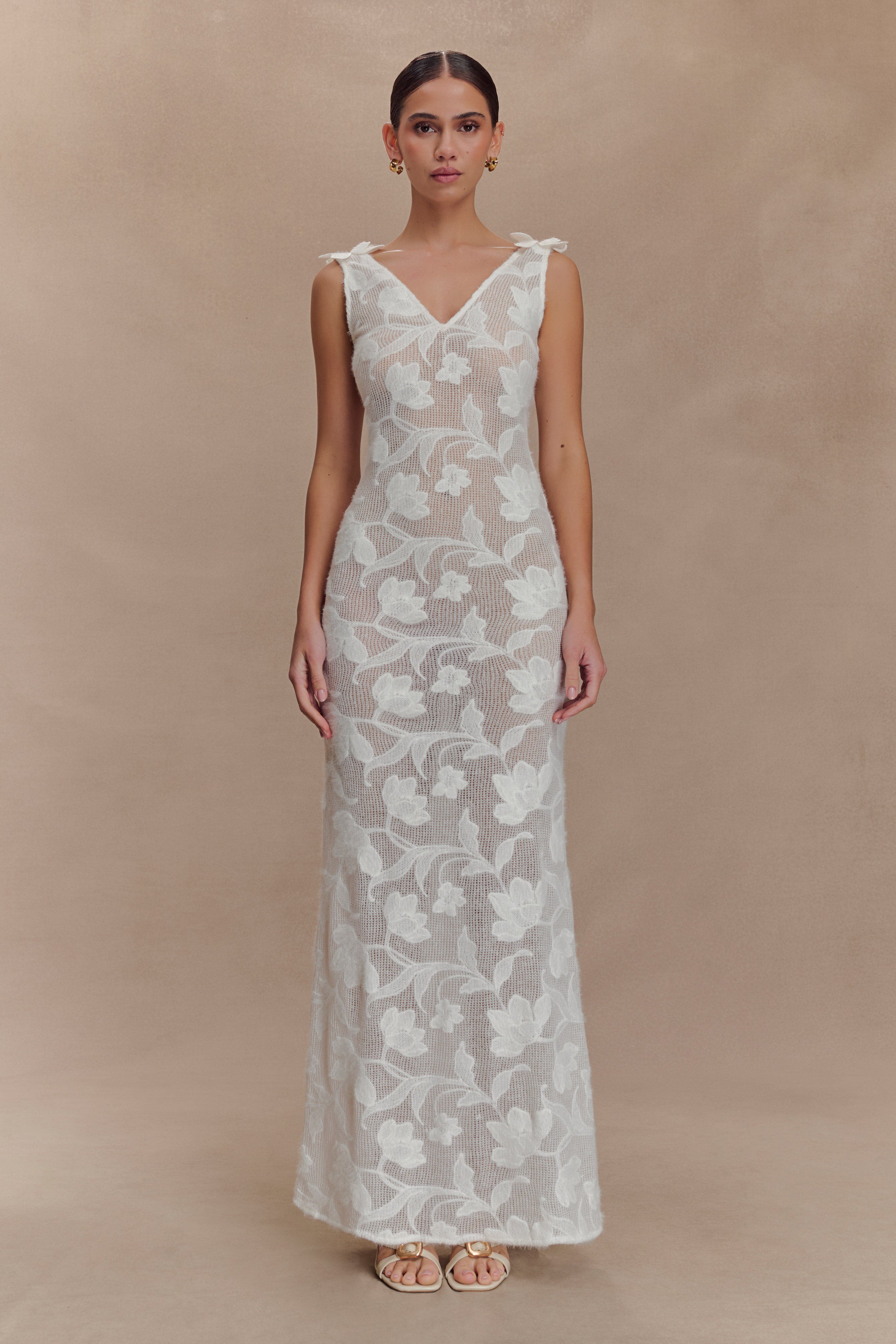 Sheer Floral Maxi Dress with V-Neck & Open Back | Cornelia Ivory