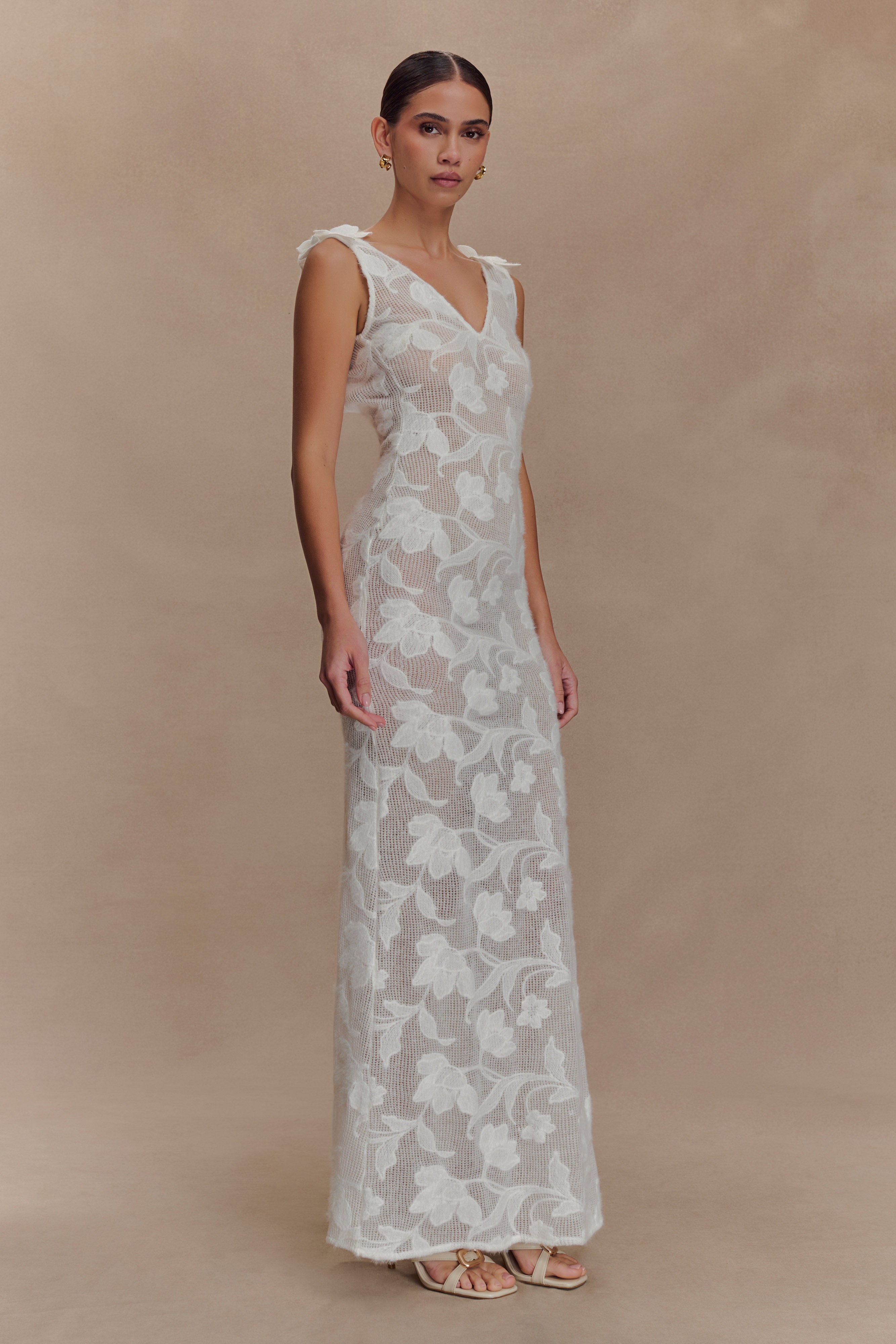Sheer Floral Maxi Dress with V-Neck & Open Back | Cornelia Ivory