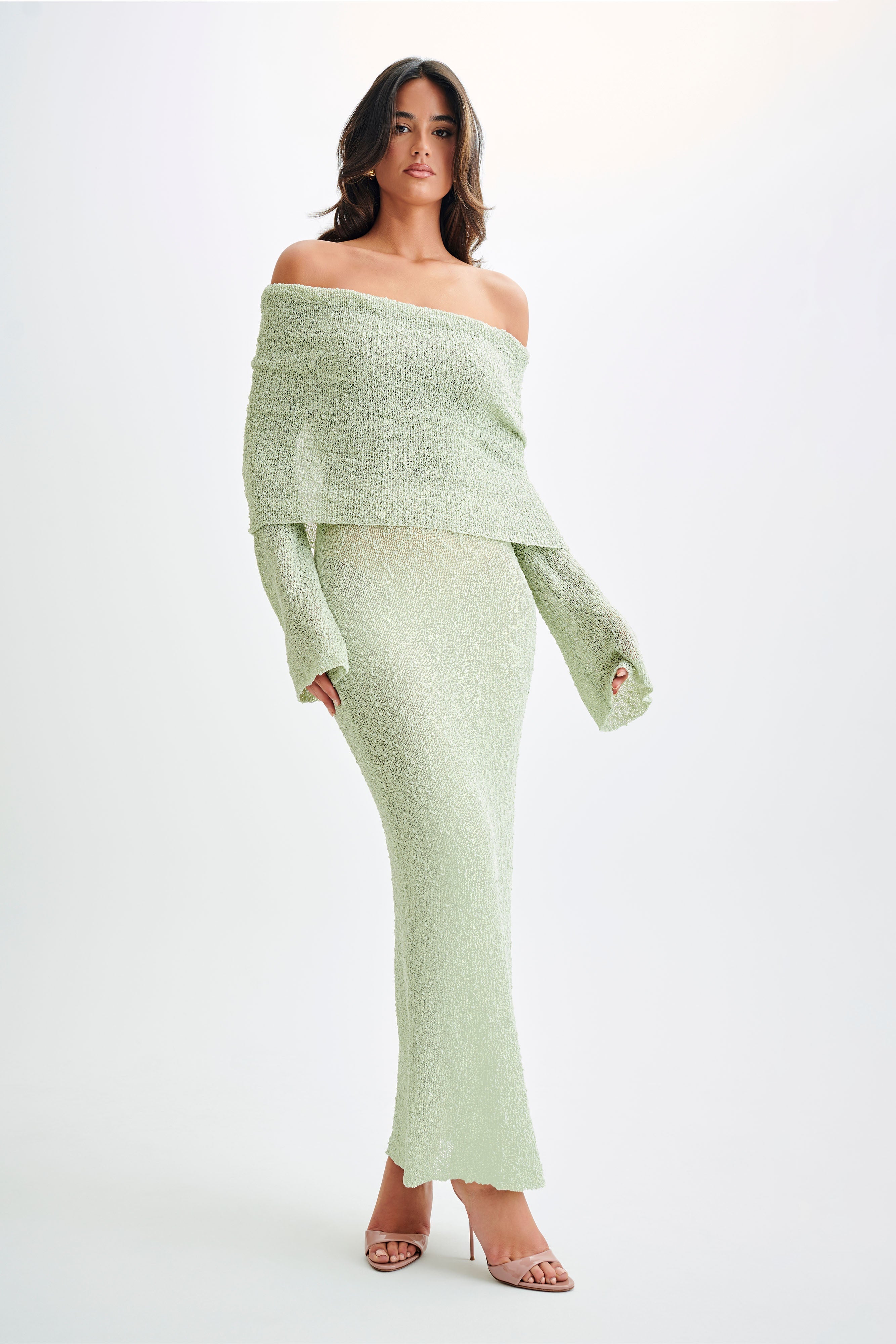 Off Shoulder Boucle Maxi Dress with Flared Sleeves | Marisol